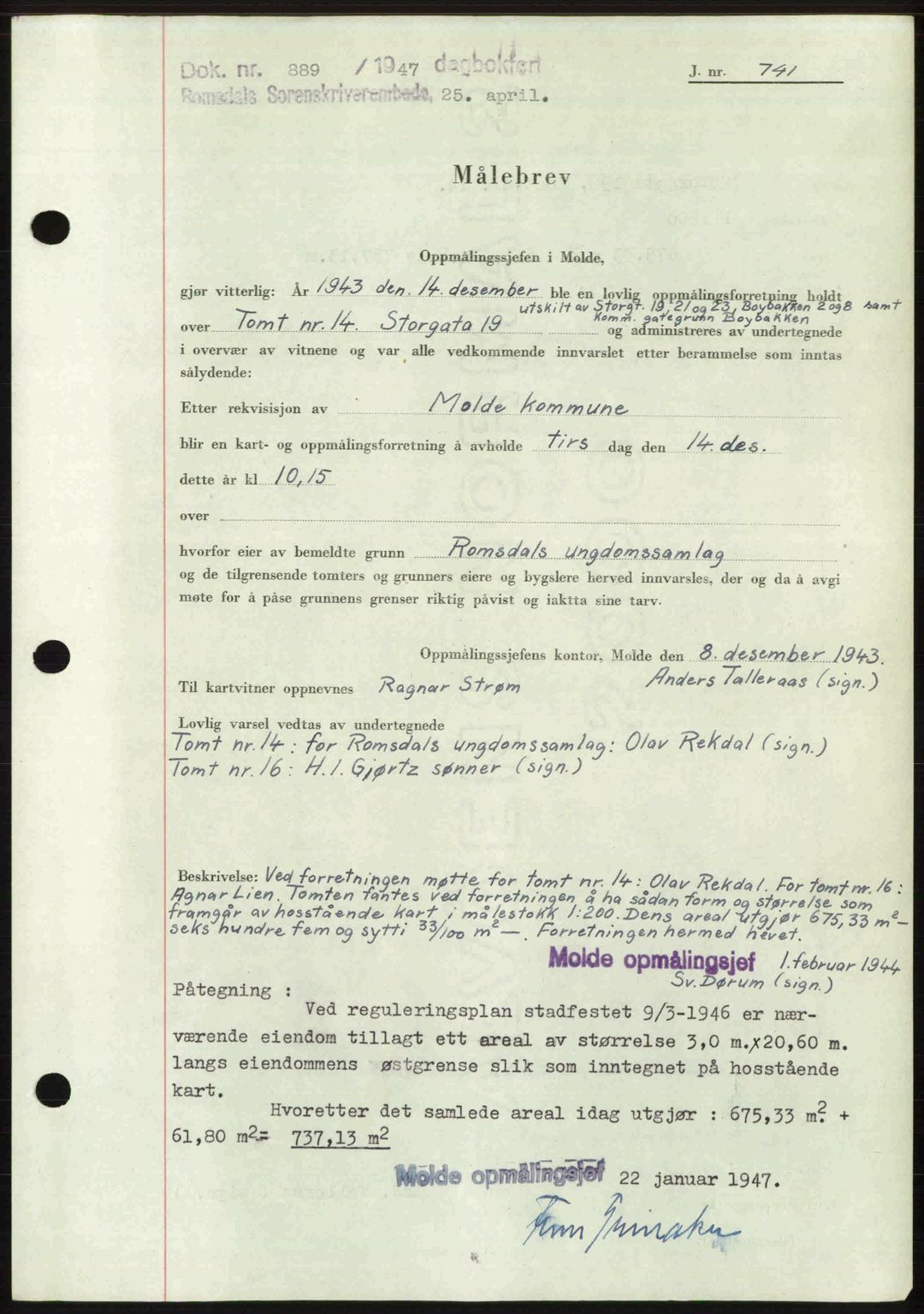 Romsdal sorenskriveri, SAT/A-4149/1/2/2C: Pantebok nr. A22, 1947-1947, Dagboknr: 889/1947