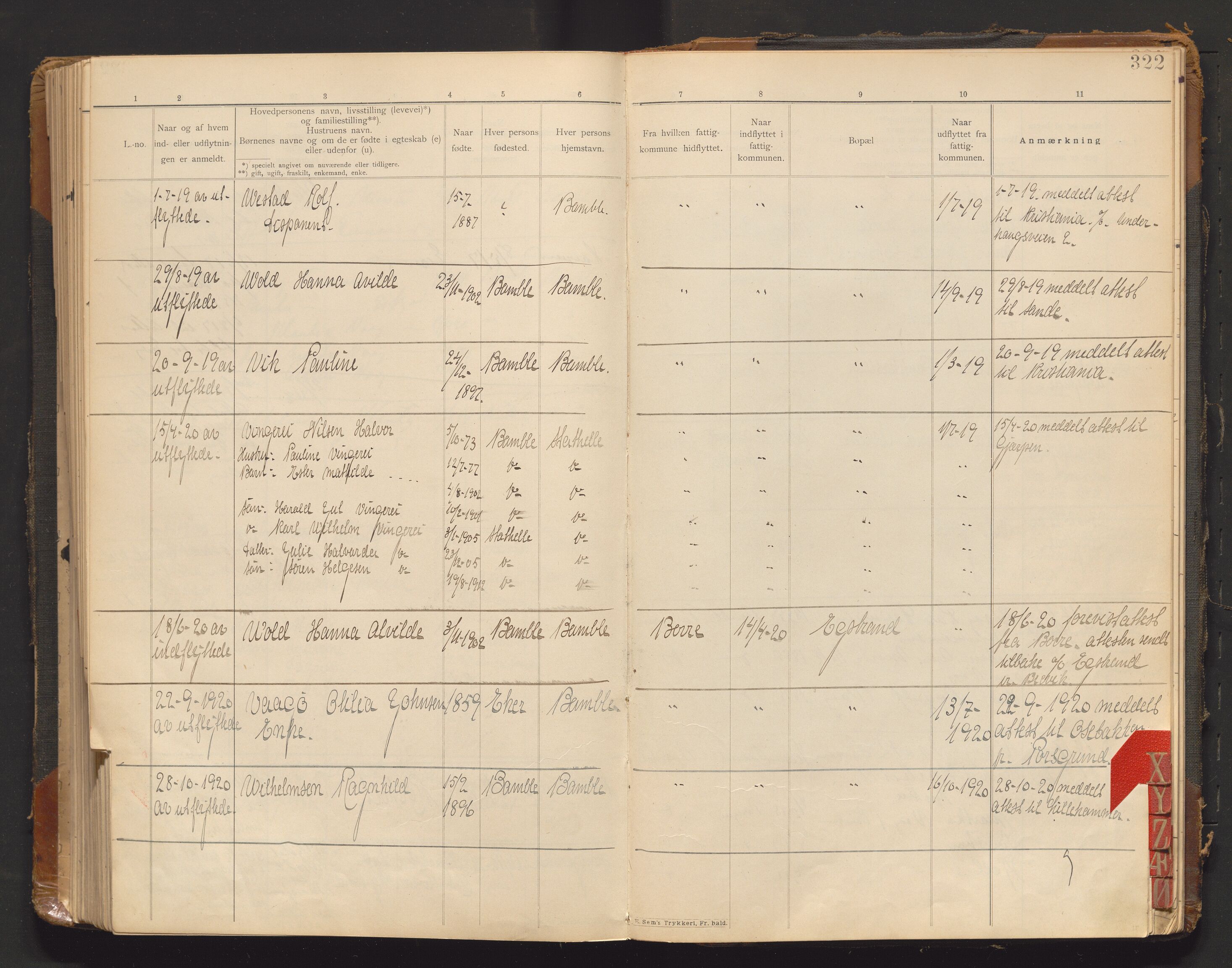 Bamble lensmannskontor, AV/SAKO-A-552/O/Oa/L0001: Protokoll over inn- og utflyttede - Bamble, 1901-1933, s. 322