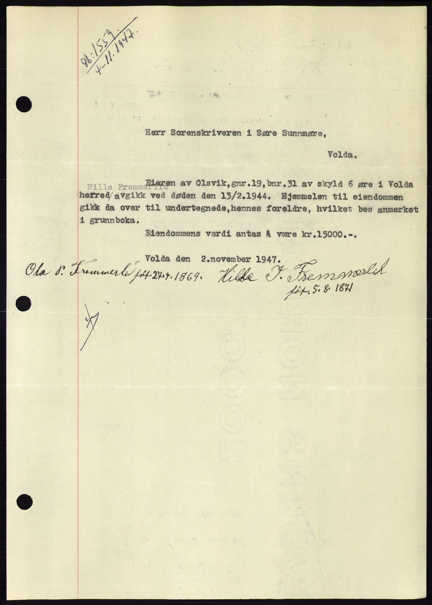 Søre Sunnmøre sorenskriveri, SAT/A-4122/1/2/2C/L0081: Pantebok nr. 7A, 1947-1948, Dagboknr: 1559/1947