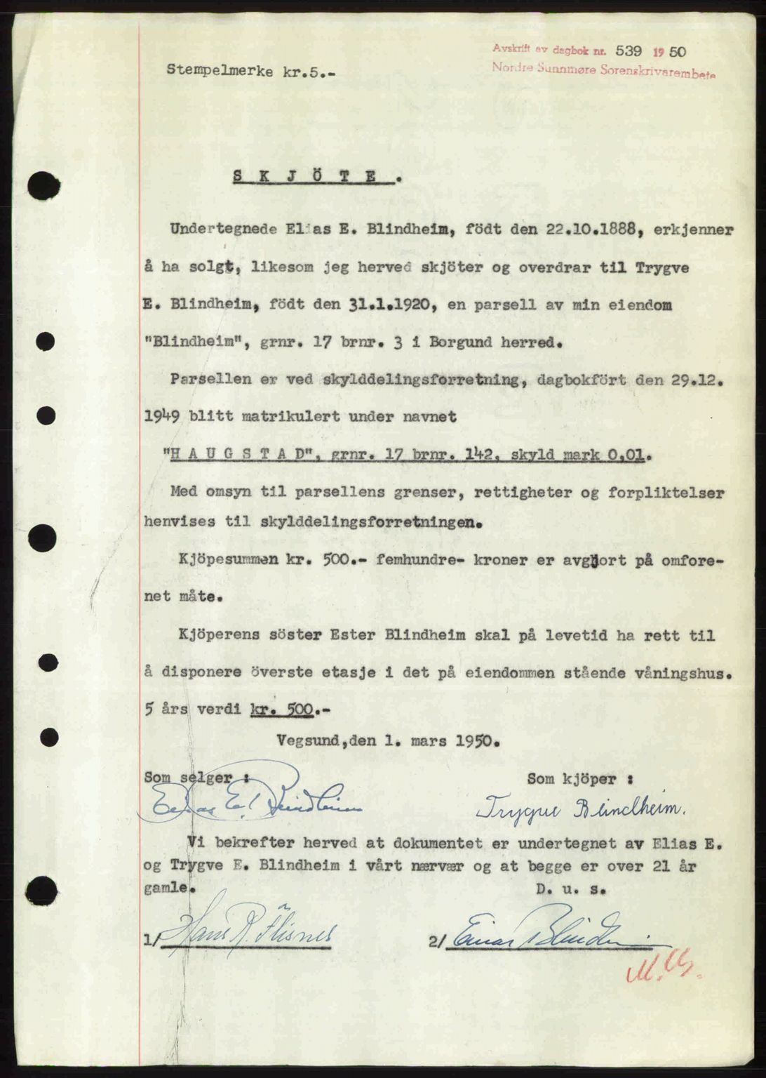 Nordre Sunnmøre sorenskriveri, SAT/A-0006/1/2/2C/2Ca: Pantebok nr. A33, 1949-1950, Dagboknr: 539/1950