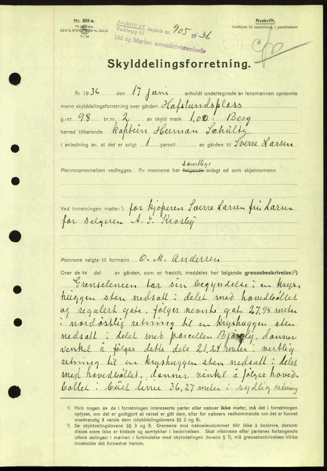 Idd og Marker sorenskriveri, AV/SAO-A-10283/G/Gb/Gbb/L0001: Pantebok nr. A1, 1936-1937, Dagboknr: 905/1936