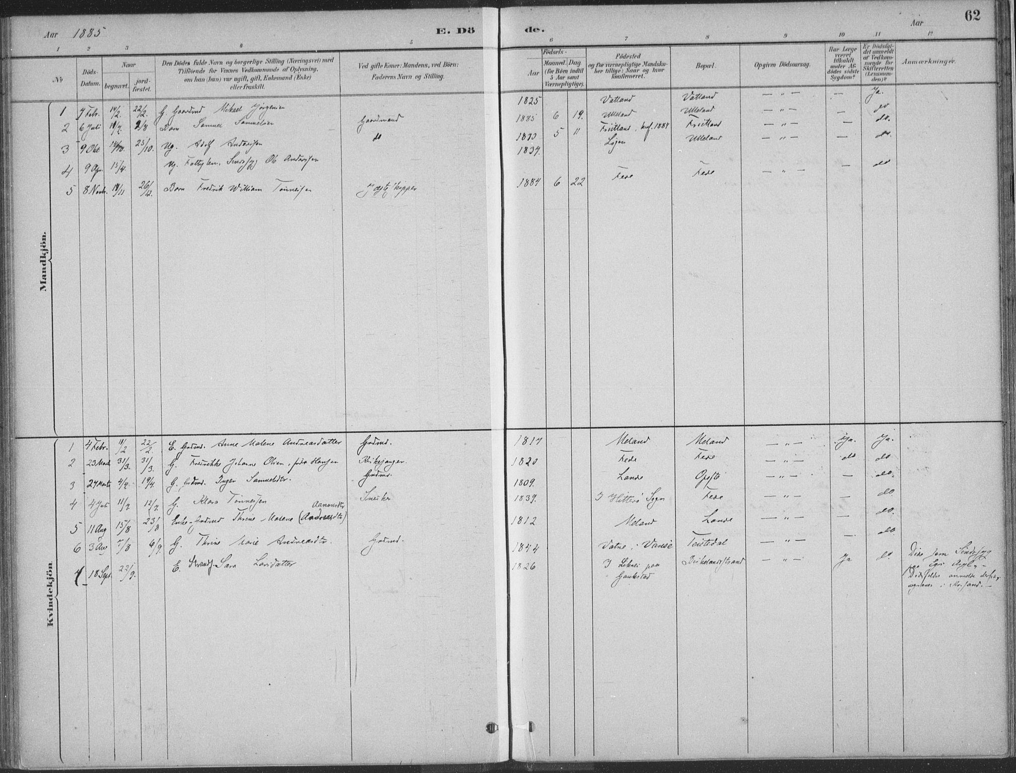 Kvinesdal sokneprestkontor, AV/SAK-1111-0026/F/Fa/Faa/L0004: Ministerialbok nr. A 4, 1882-1897, s. 62