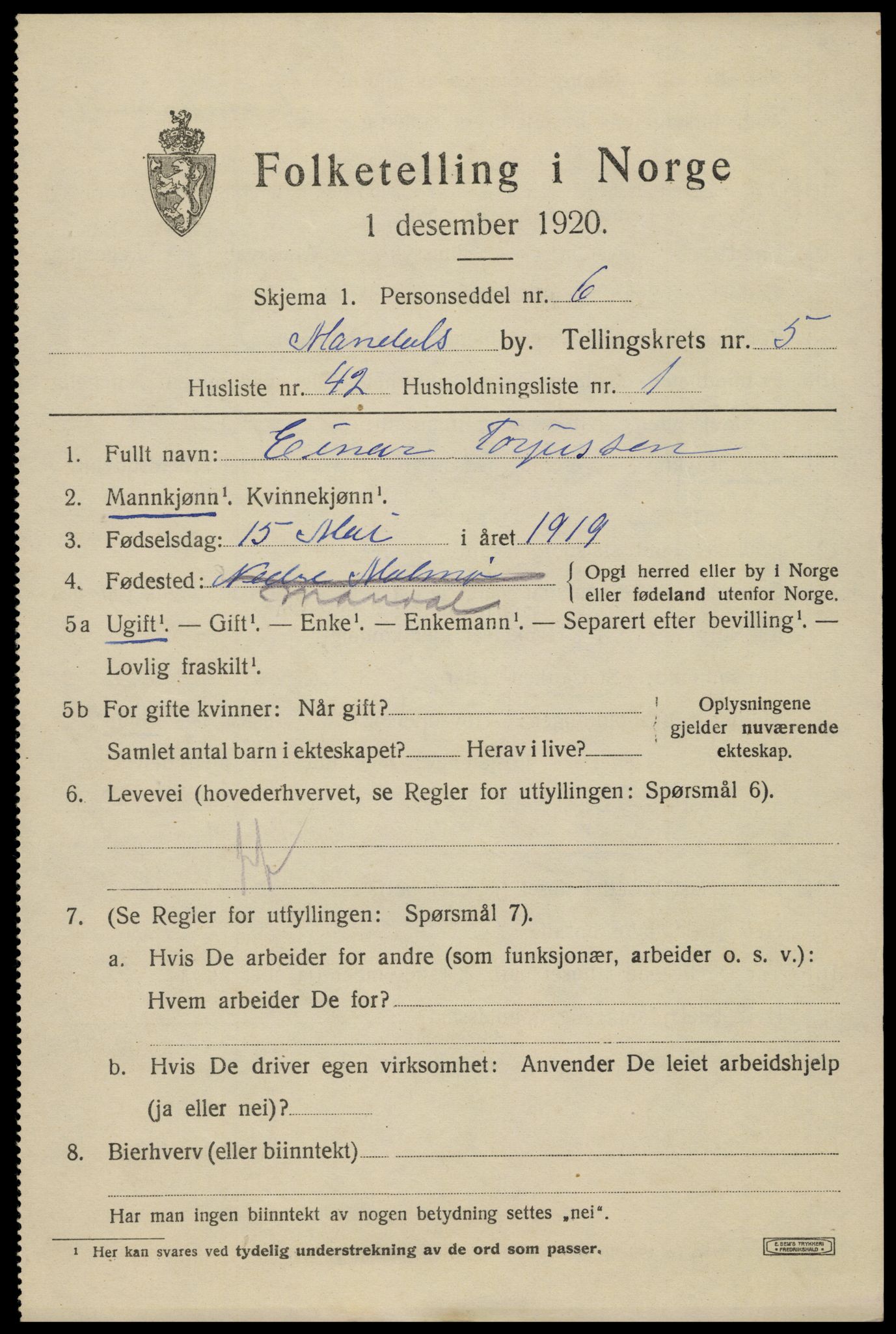SAK, Folketelling 1920 for 1002 Mandal ladested, 1920, s. 8571