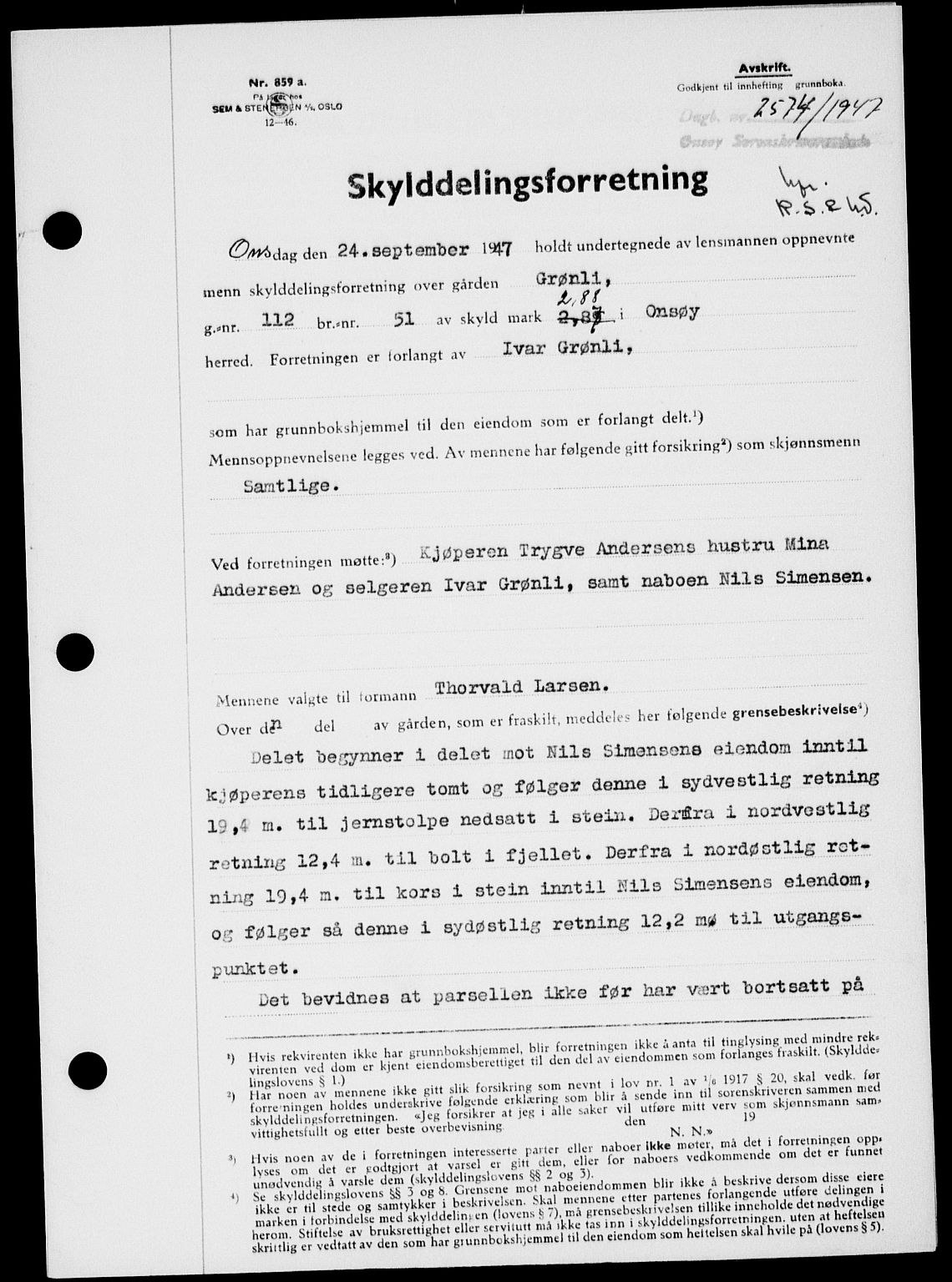 Onsøy sorenskriveri, SAO/A-10474/G/Ga/Gab/L0021: Pantebok nr. II A-21, 1947-1947, Dagboknr: 2574/1947