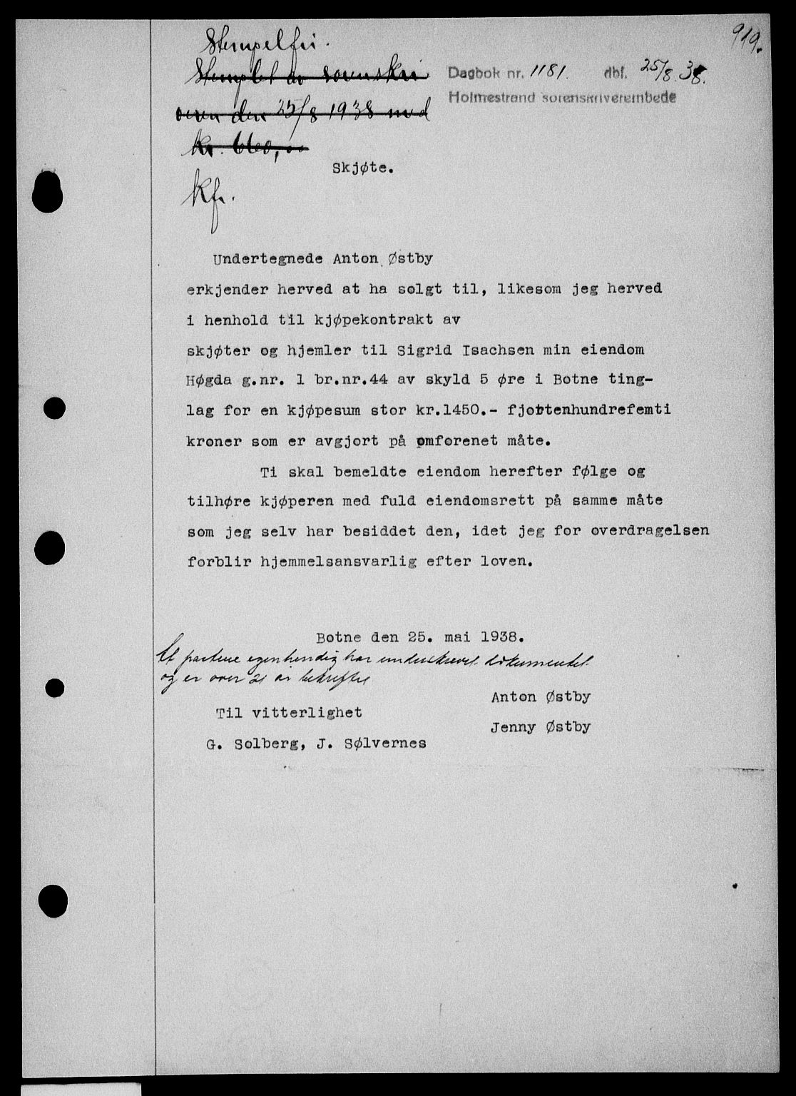 Holmestrand sorenskriveri, SAKO/A-67/G/Ga/Gaa/L0049: Pantebok nr. A-49, 1937-1938, Dagboknr: 1181/1938