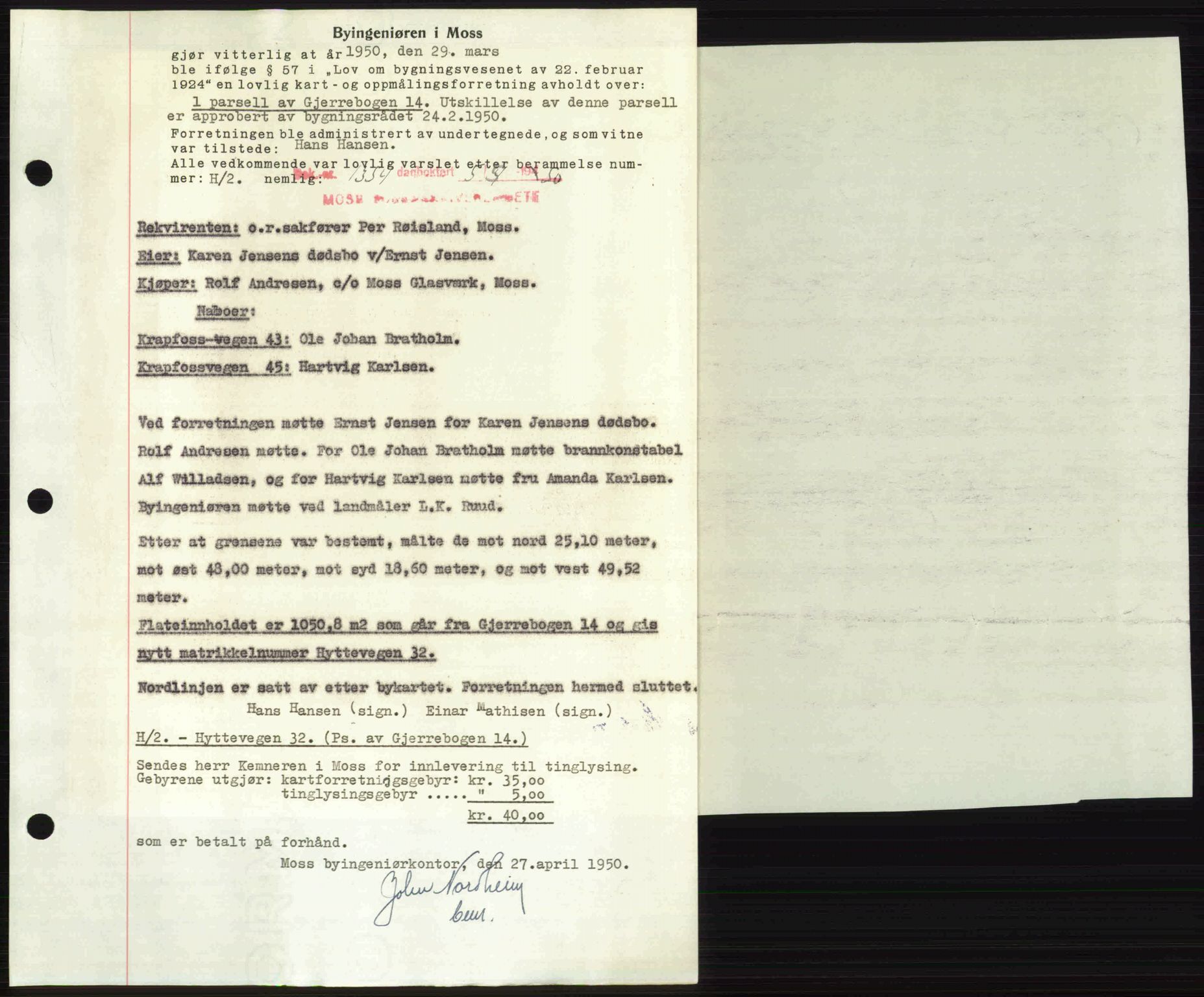 Moss sorenskriveri, SAO/A-10168: Pantebok nr. A26, 1950-1950, Dagboknr: 1354/1950
