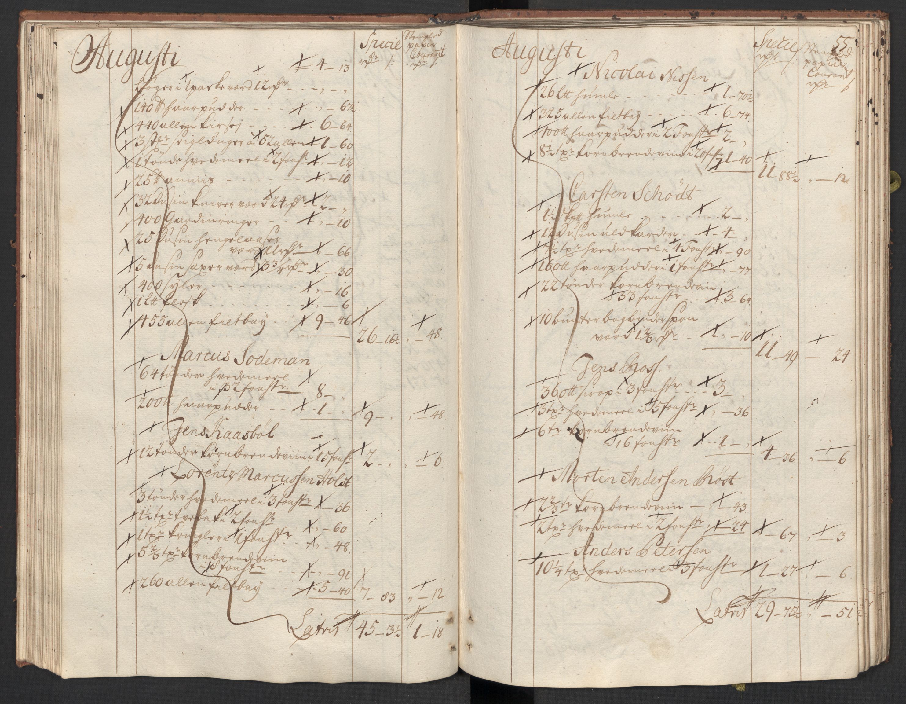 Generaltollkammeret, tollregnskaper, RA/EA-5490/R33/L0015/0001: Tollregnskaper Trondheim A / Inngående tollbok, 1733, s. 54b-55a