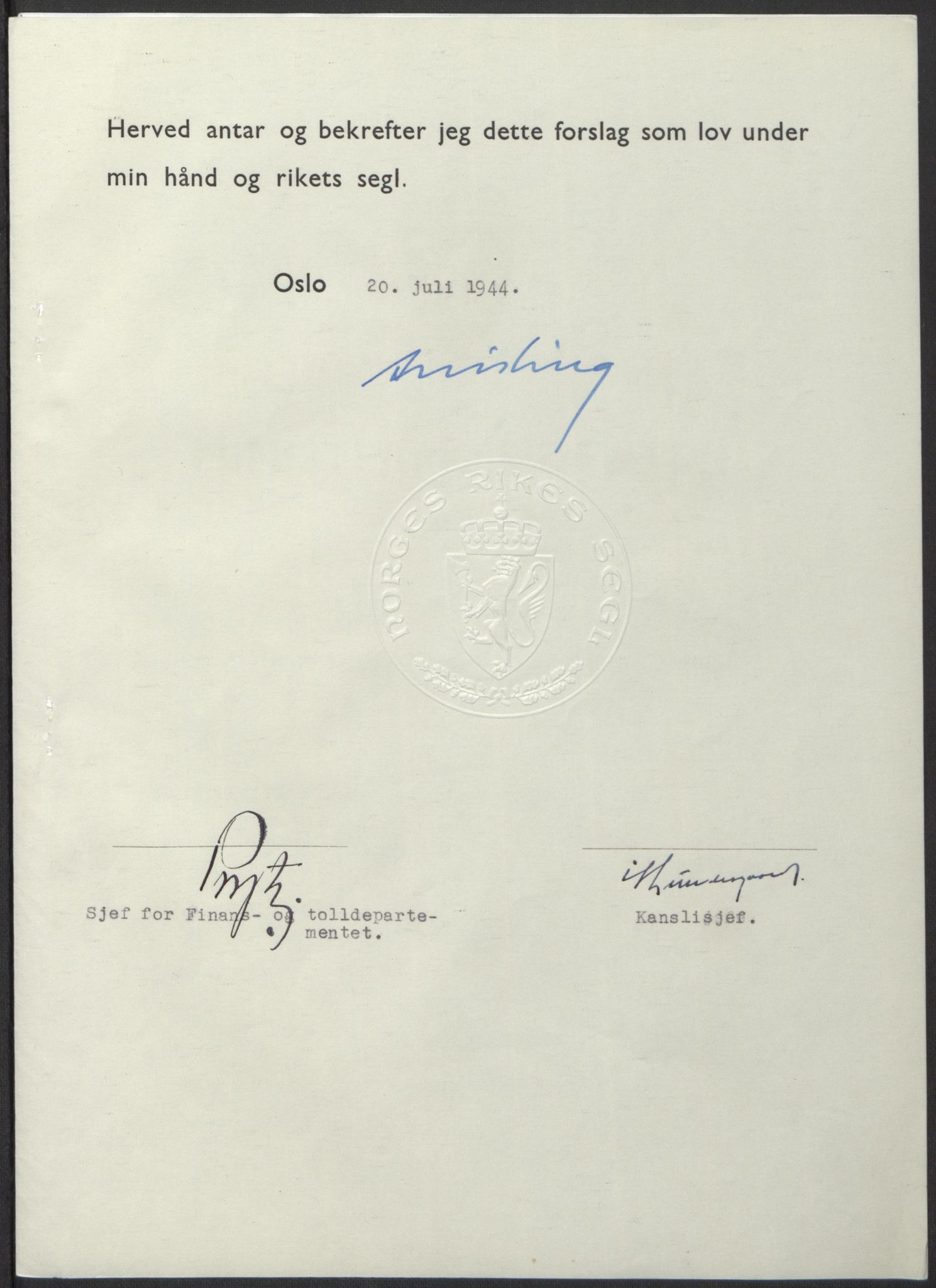NS-administrasjonen 1940-1945 (Statsrådsekretariatet, de kommisariske statsråder mm), RA/S-4279/D/Db/L0100: Lover, 1944, s. 357