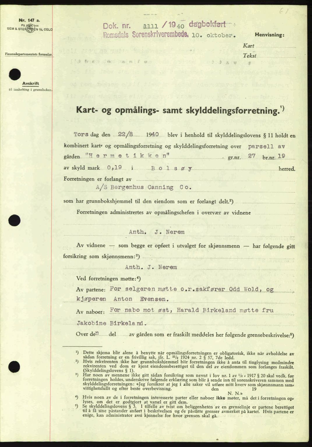 Romsdal sorenskriveri, AV/SAT-A-4149/1/2/2C: Pantebok nr. A8, 1939-1940, Dagboknr: 1111/1940