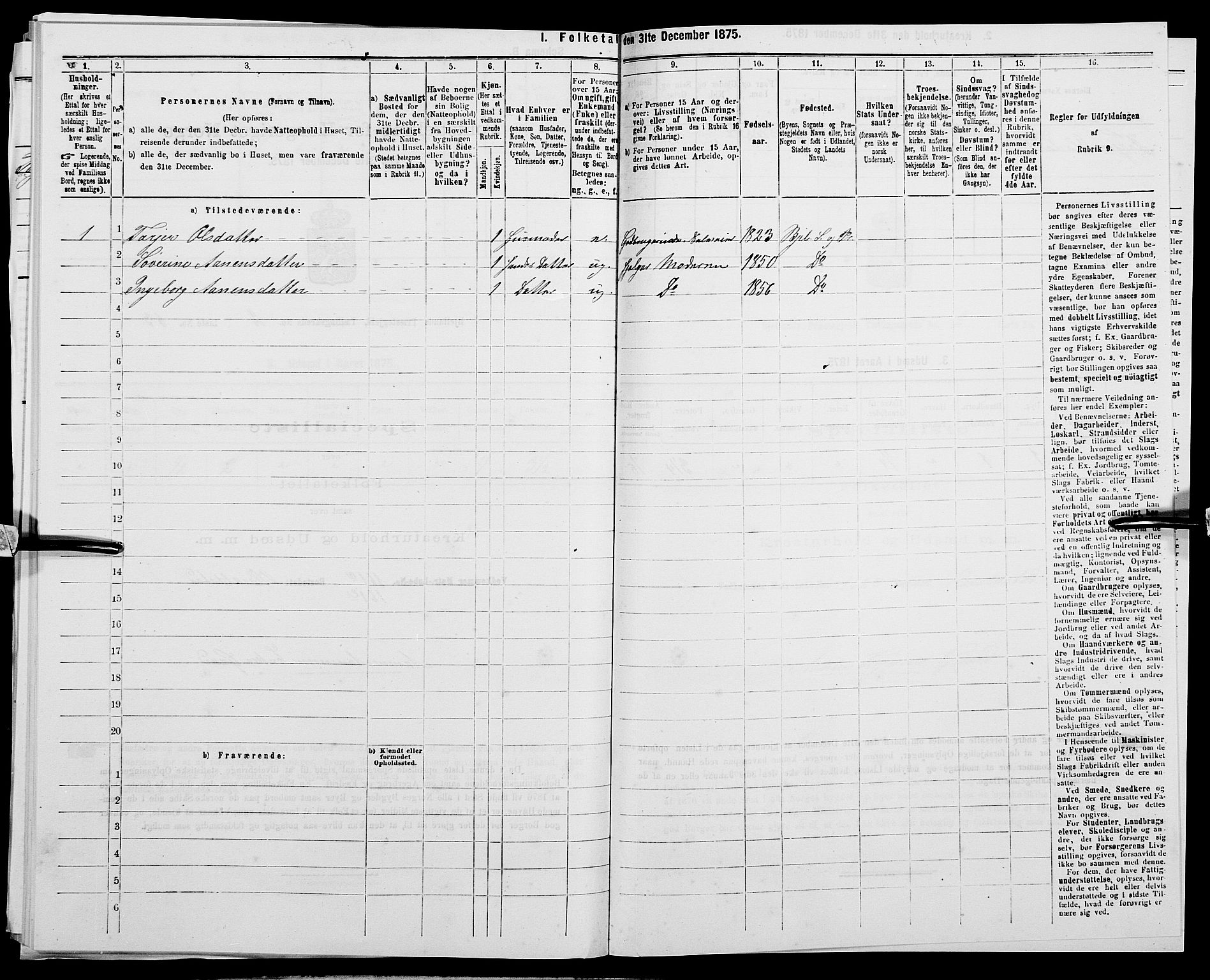 SAK, Folketelling 1875 for 1024P Bjelland prestegjeld, 1875, s. 258