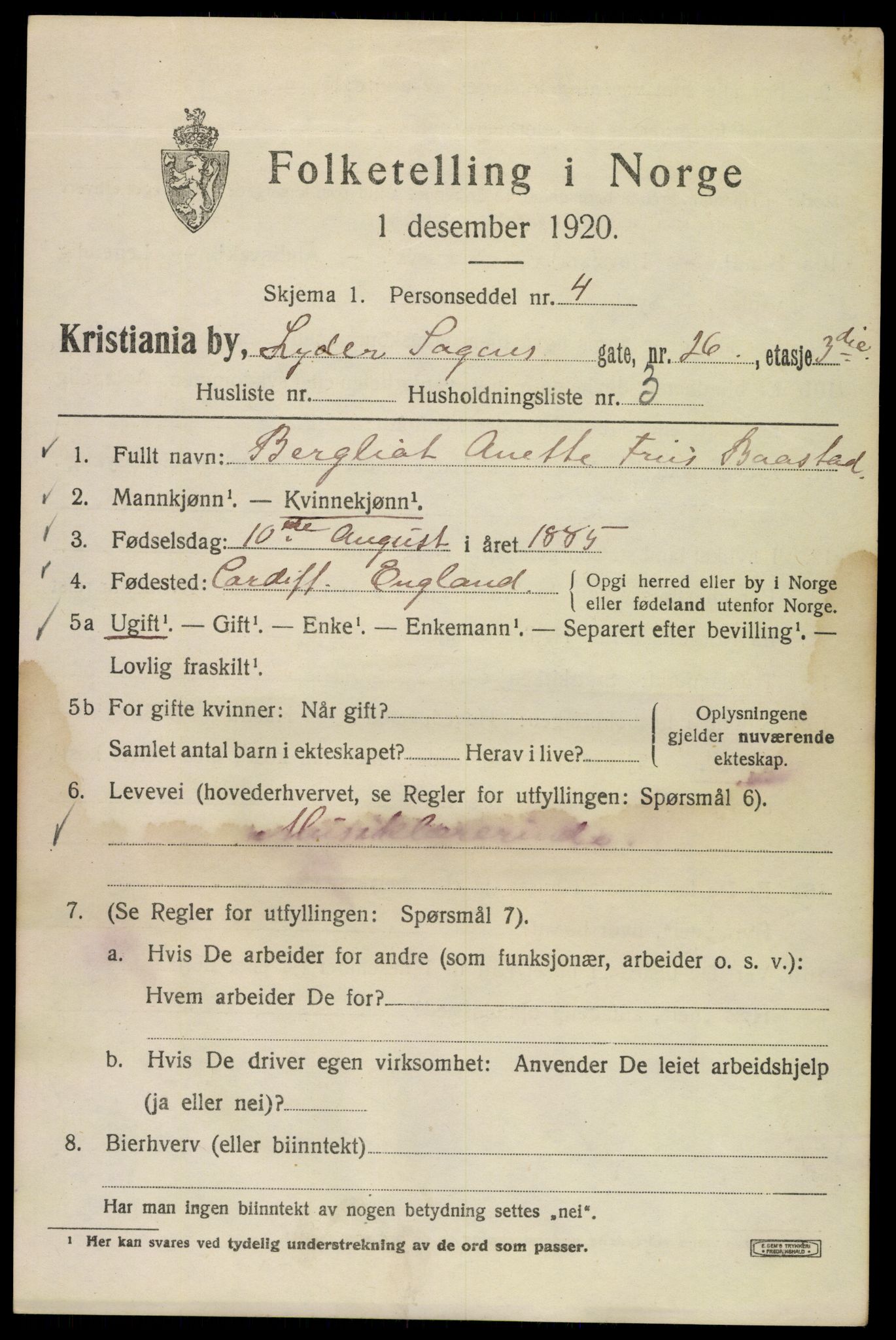 SAO, Folketelling 1920 for 0301 Kristiania kjøpstad, 1920, s. 366905
