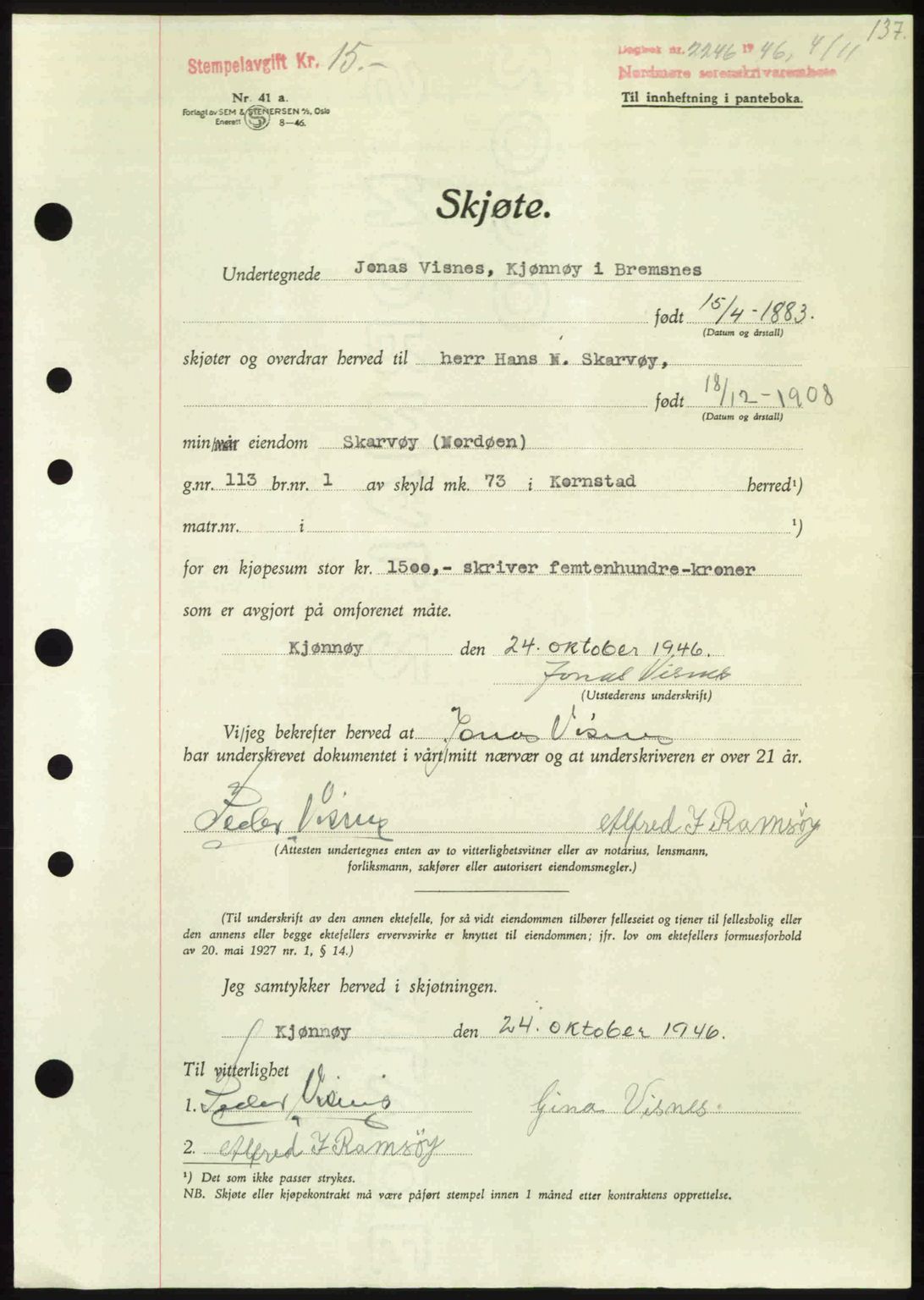 Nordmøre sorenskriveri, AV/SAT-A-4132/1/2/2Ca: Pantebok nr. A103, 1946-1947, Dagboknr: 2246/1946