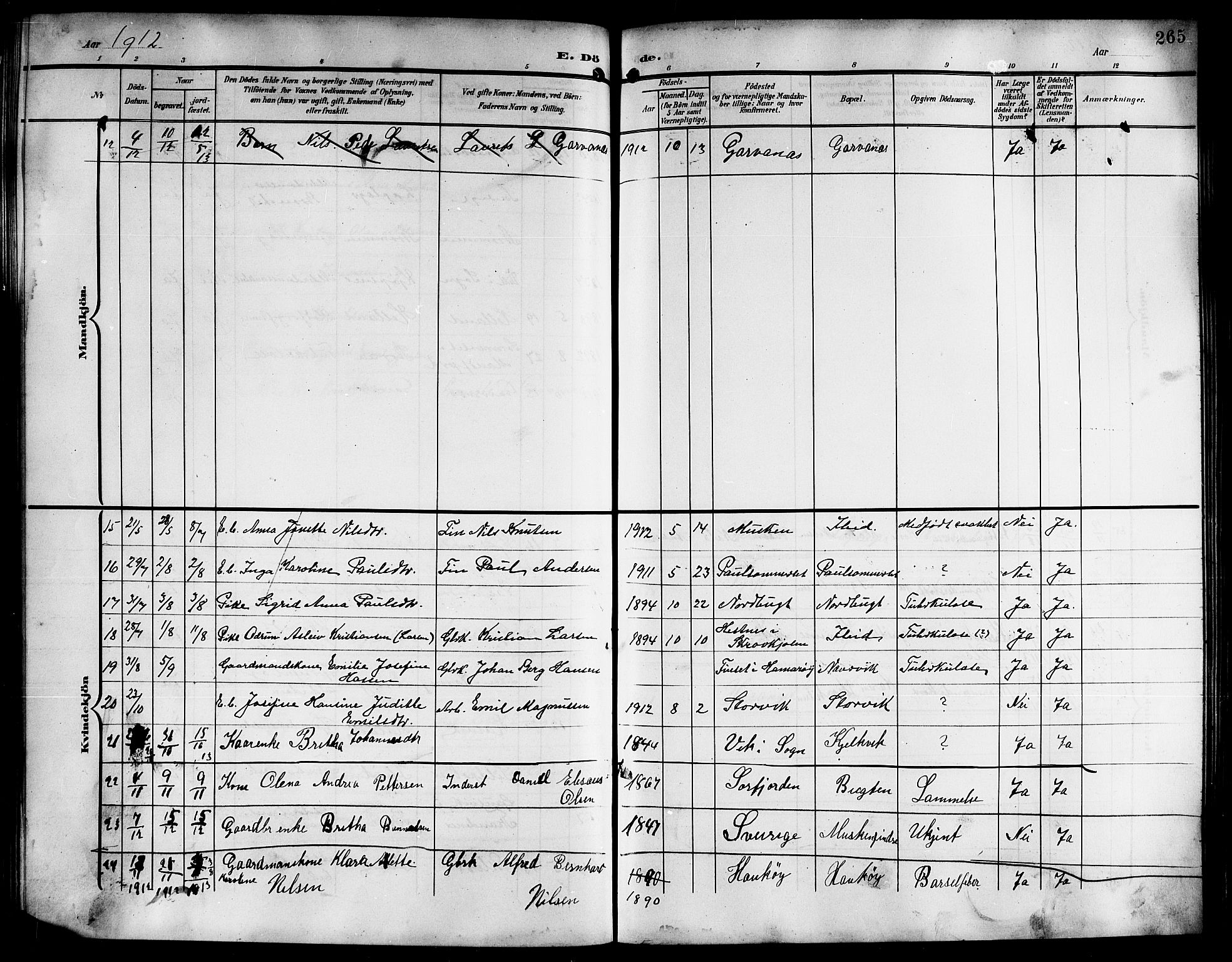 Ministerialprotokoller, klokkerbøker og fødselsregistre - Nordland, AV/SAT-A-1459/861/L0877: Klokkerbok nr. 861C03, 1903-1919, s. 265