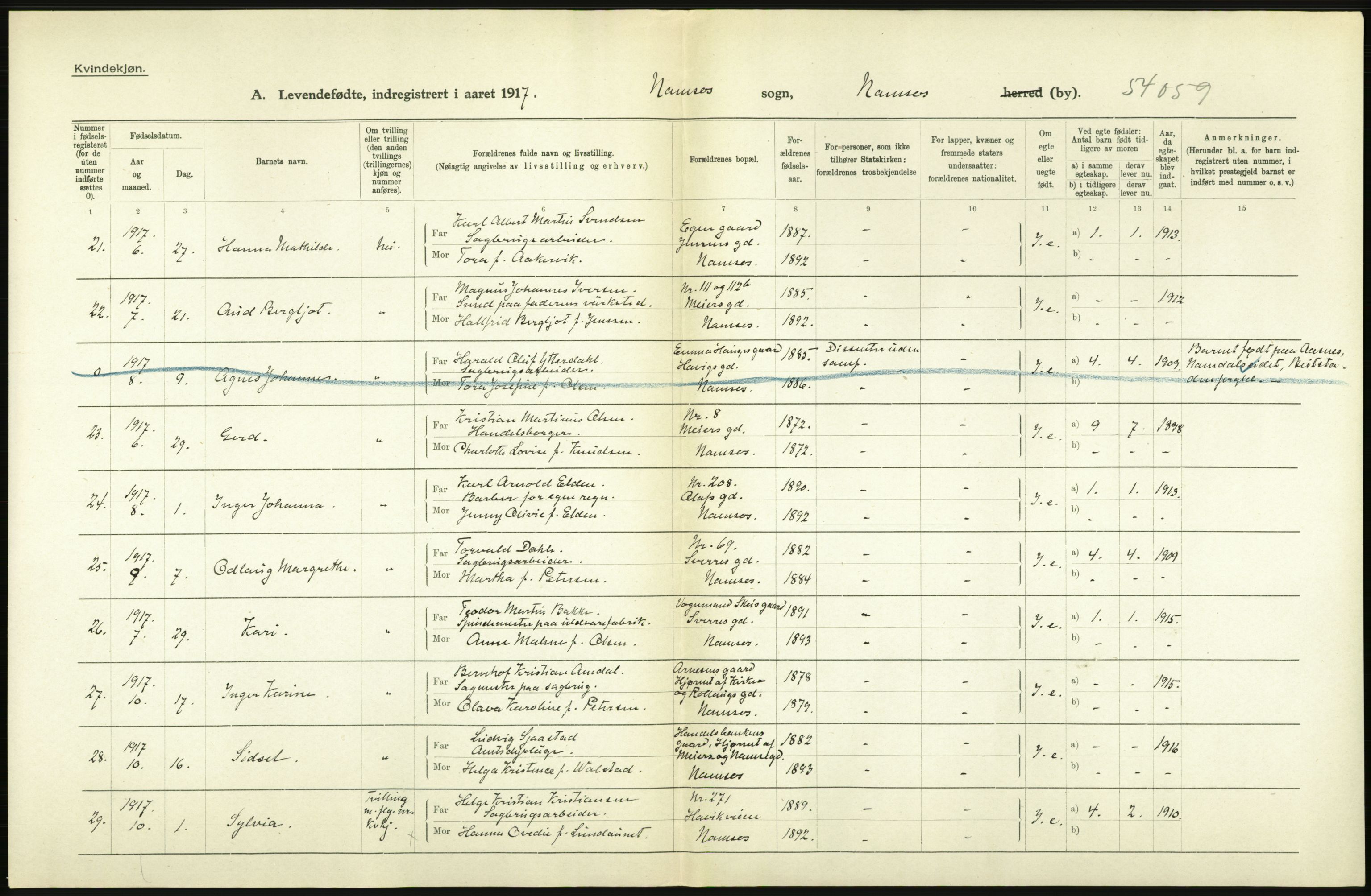 Statistisk sentralbyrå, Sosiodemografiske emner, Befolkning, RA/S-2228/D/Df/Dfb/Dfbg/L0048: N. Bergenhus amt: Levendefødte menn og kvinner. Bygder og byer., 1917, s. 534