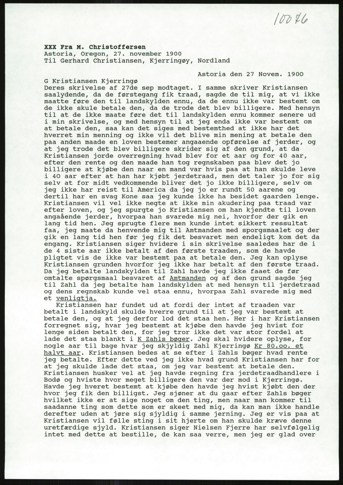 Samlinger til kildeutgivelse, Amerikabrevene, AV/RA-EA-4057/F/L0036: Innlån fra Nordland: Kjerringøyarkivet, 1838-1914, s. 85