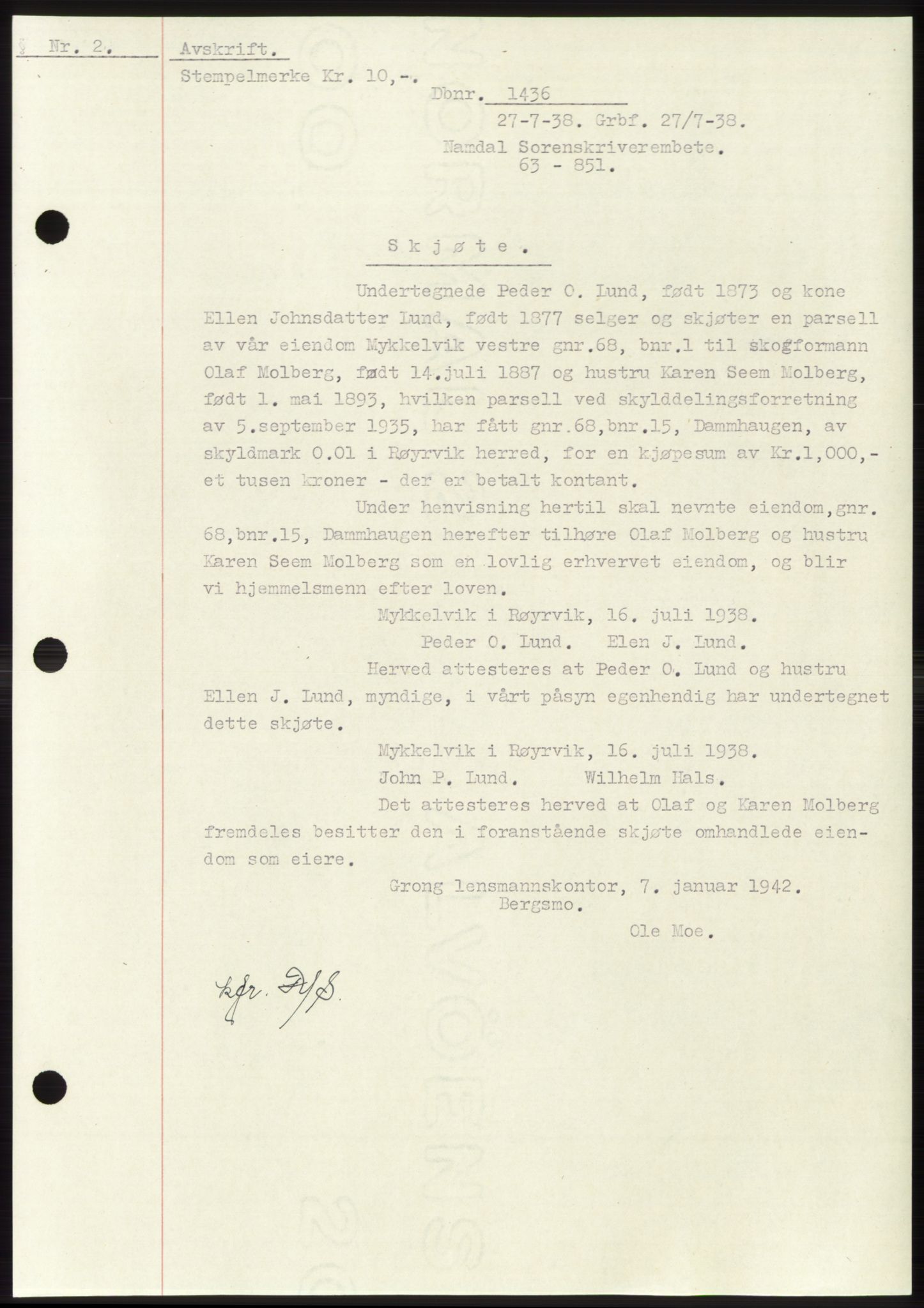 Namdal sorenskriveri, SAT/A-4133/1/2/2C: Pantebok nr. -, 1937-1939, Tingl.dato: 27.07.1938