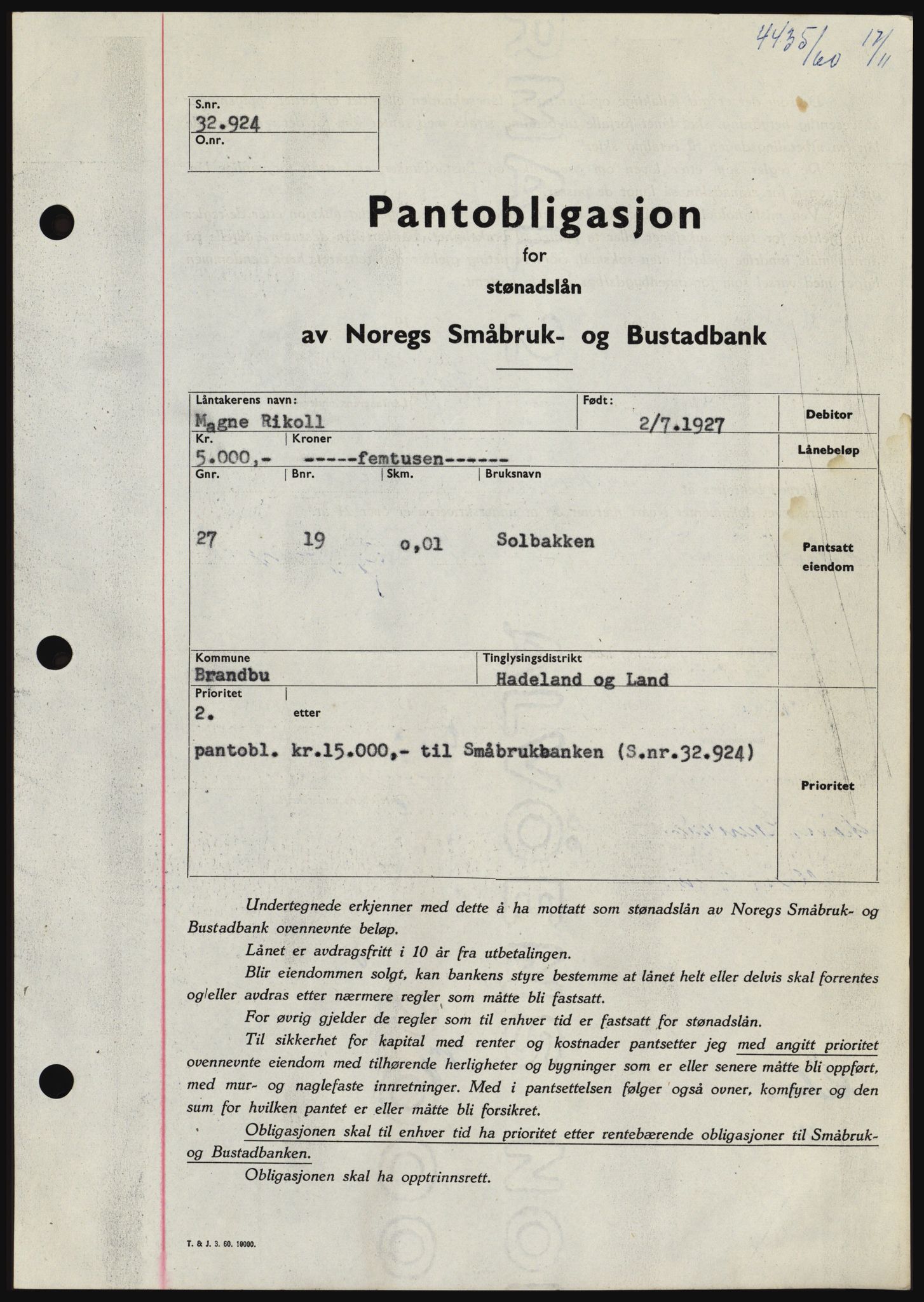 Hadeland og Land tingrett, SAH/TING-010/H/Hb/Hbc/L0044: Pantebok nr. B44, 1960-1961, Dagboknr: 4435/1960