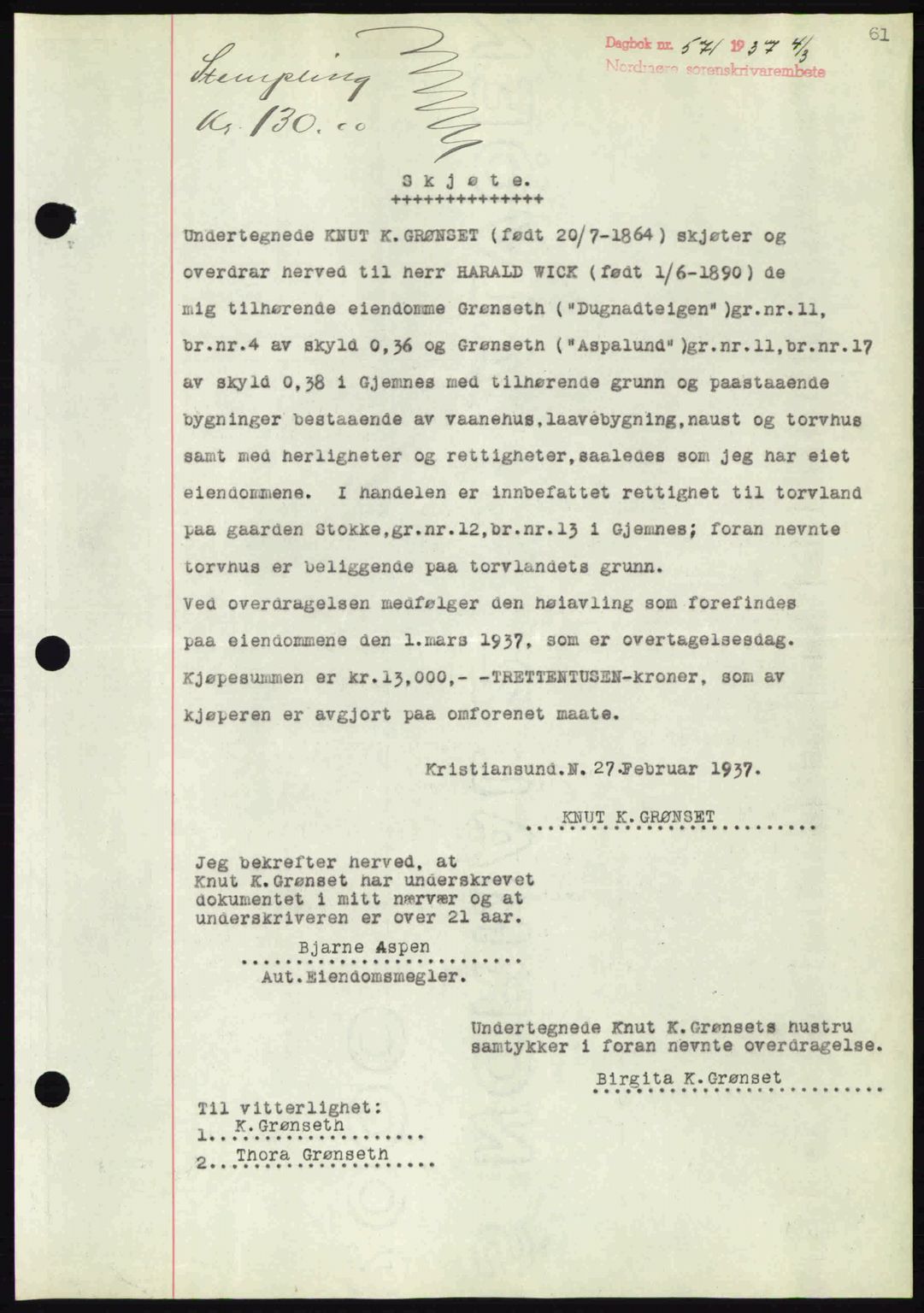 Nordmøre sorenskriveri, SAT/A-4132/1/2/2Ca: Pantebok nr. A81, 1937-1937, Dagboknr: 571/1937