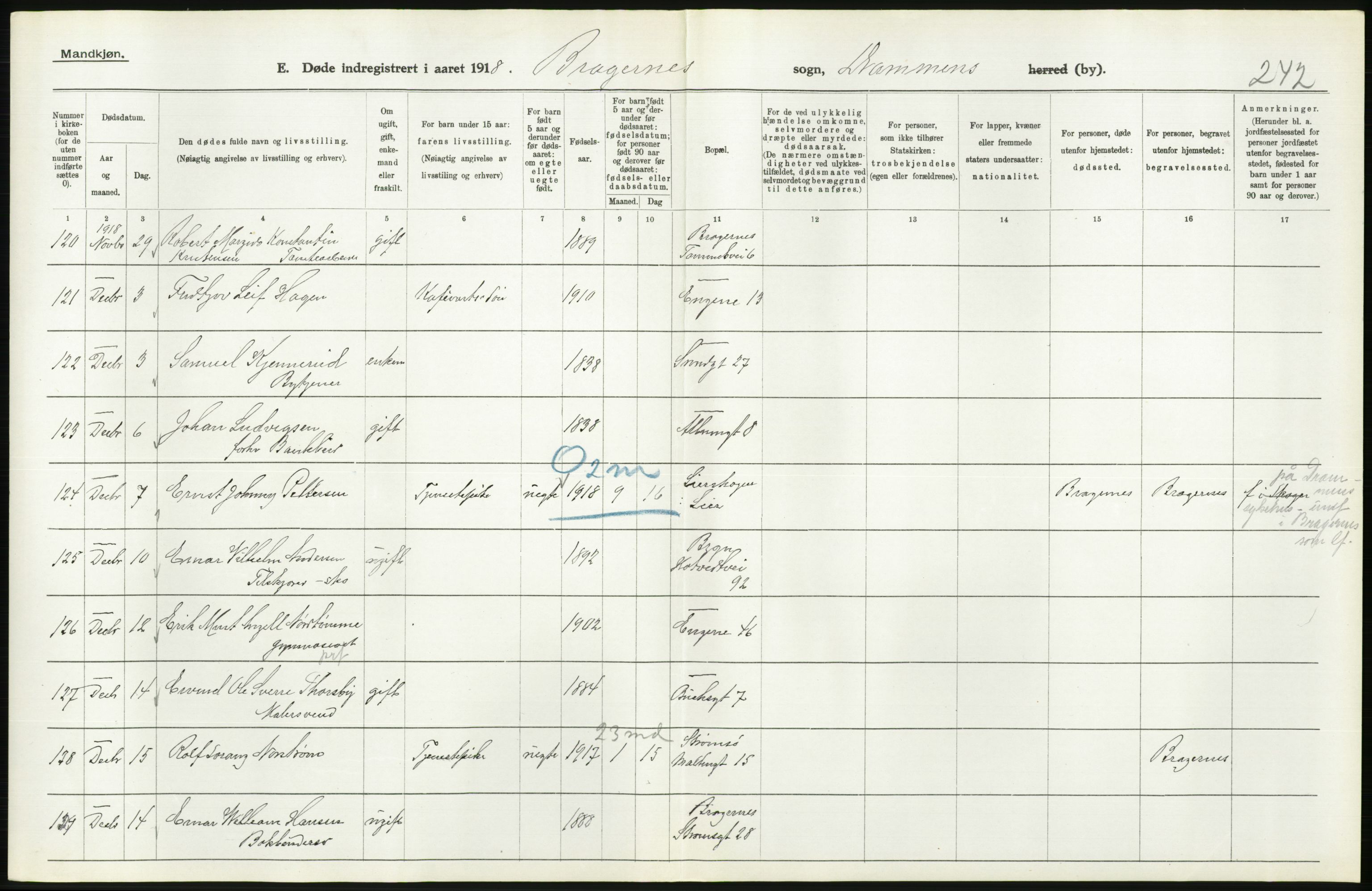 Statistisk sentralbyrå, Sosiodemografiske emner, Befolkning, AV/RA-S-2228/D/Df/Dfb/Dfbh/L0020: Buskerud fylke: Døde. Bygder og byer., 1918, s. 522