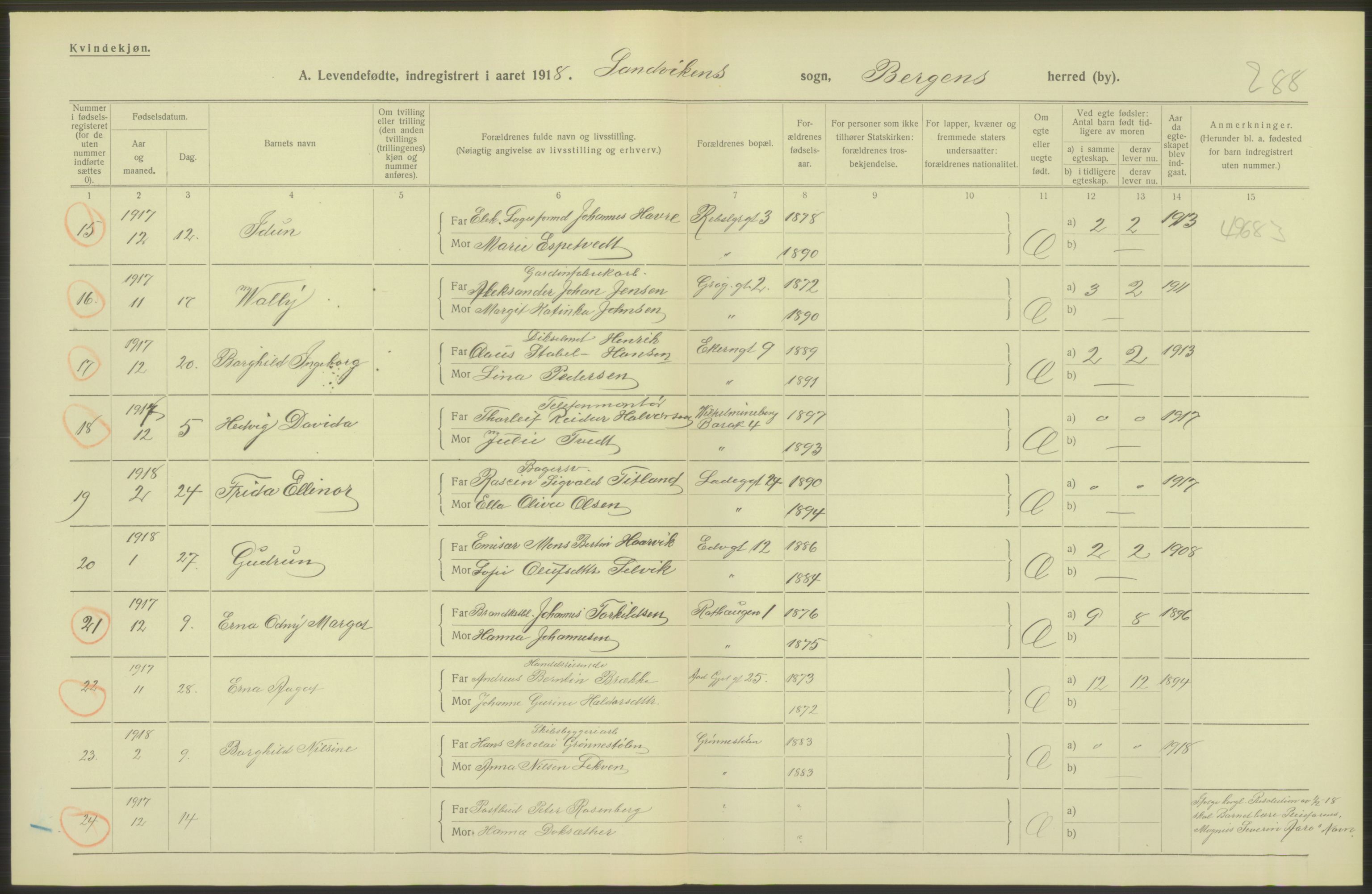 Statistisk sentralbyrå, Sosiodemografiske emner, Befolkning, AV/RA-S-2228/D/Df/Dfb/Dfbh/L0037: Bergen: Levendefødte menn og kvinner., 1918, s. 304
