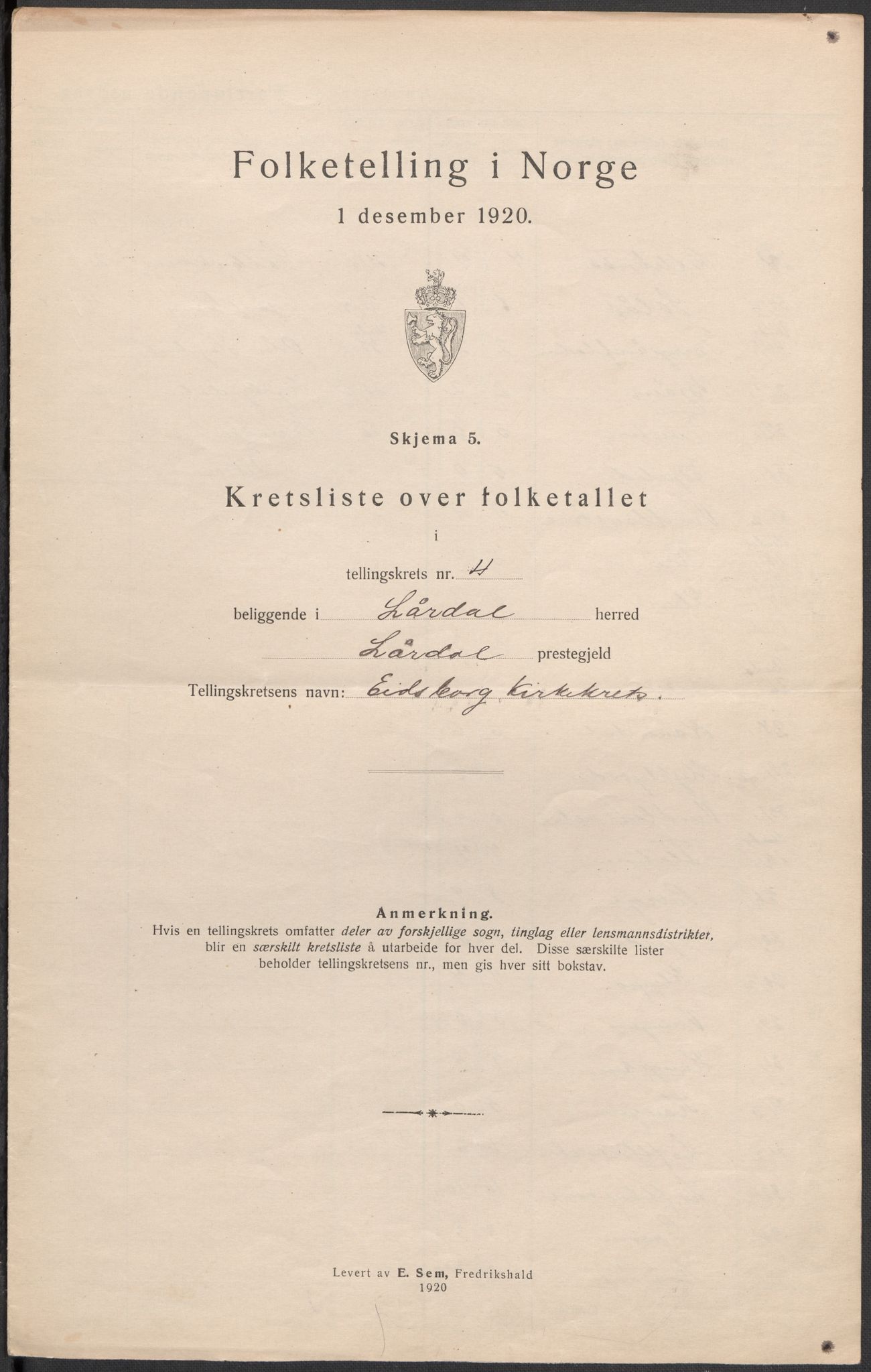 SAKO, Folketelling 1920 for 0833 Lårdal herred, 1920, s. 20