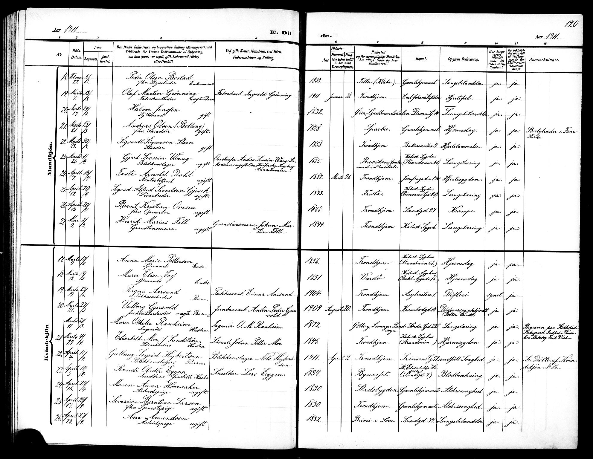 Ministerialprotokoller, klokkerbøker og fødselsregistre - Sør-Trøndelag, SAT/A-1456/602/L0146: Klokkerbok nr. 602C14, 1904-1914, s. 120