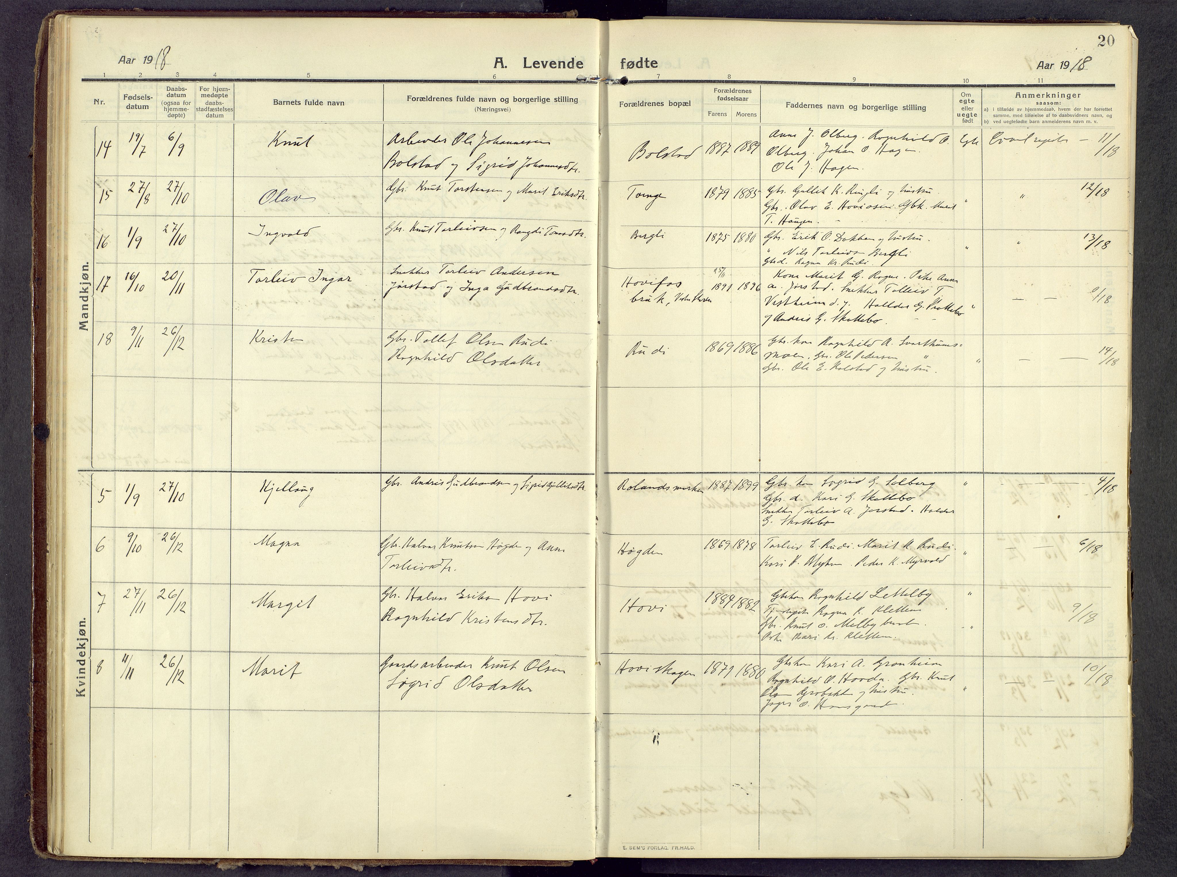 Øystre Slidre prestekontor, AV/SAH-PREST-138/H/Ha/Haa/L0006: Ministerialbok nr. 6, 1911-1931, s. 20