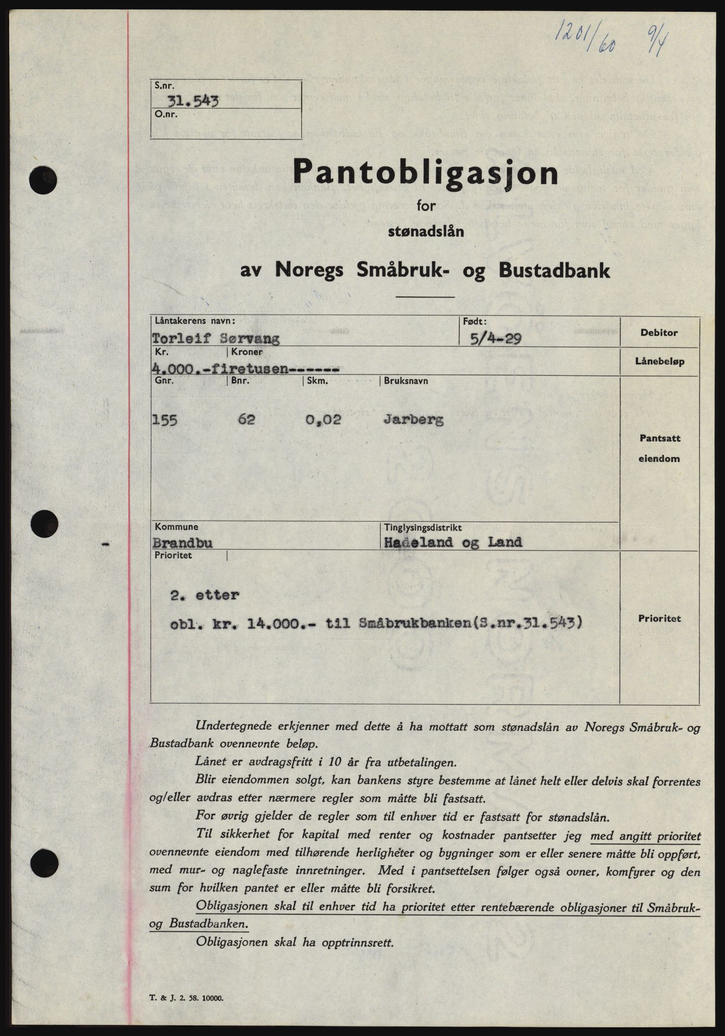 Hadeland og Land tingrett, SAH/TING-010/H/Hb/Hbc/L0042: Pantebok nr. B42, 1959-1960, Dagboknr: 1201/1960
