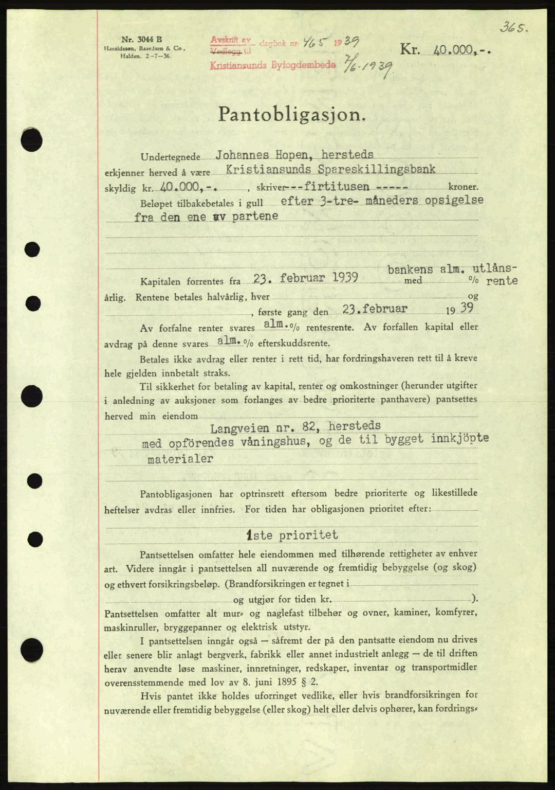 Kristiansund byfogd, AV/SAT-A-4587/A/27: Pantebok nr. 31, 1938-1939, Dagboknr: 465/1939