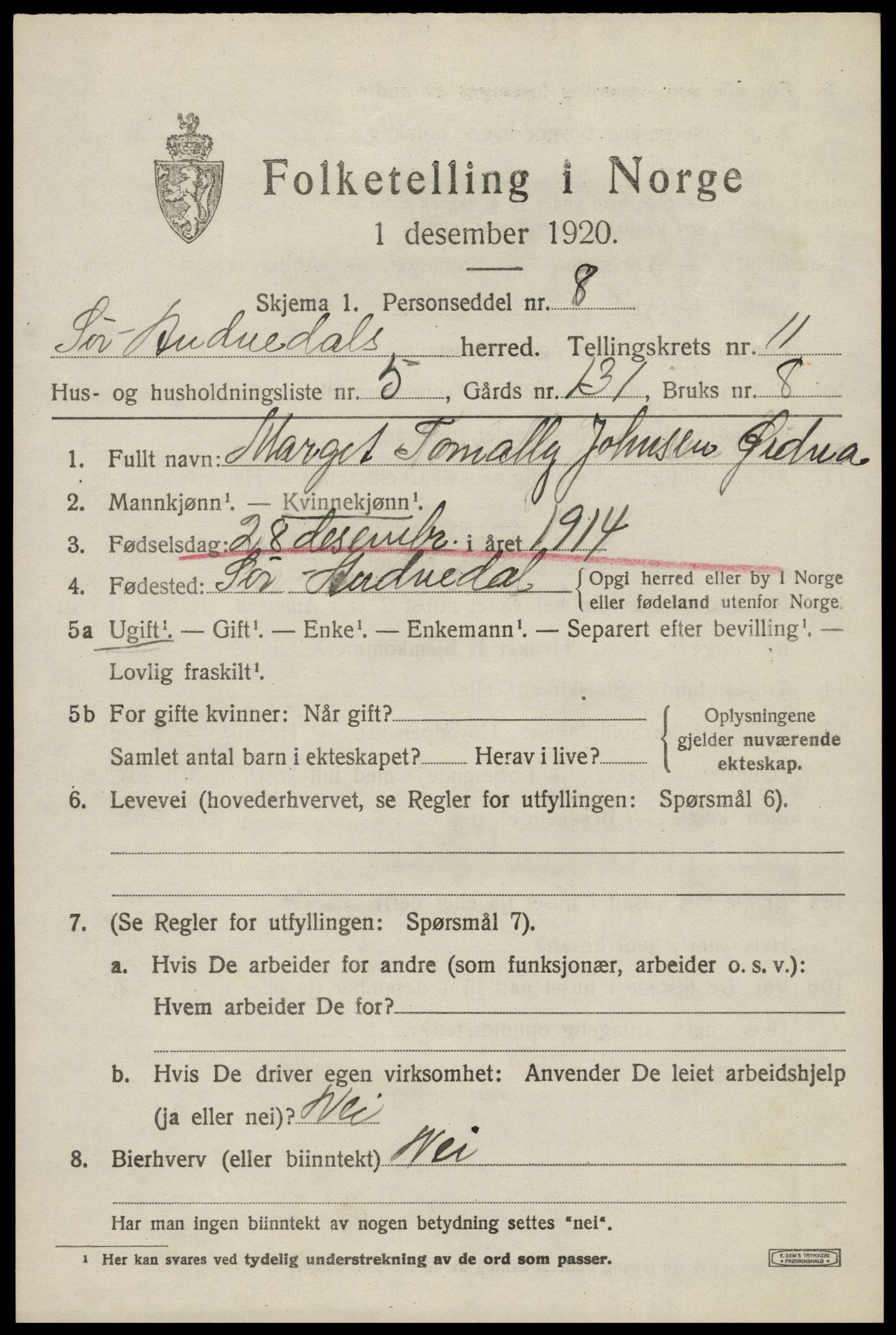 SAK, Folketelling 1920 for 1029 Sør-Audnedal herred, 1920, s. 4297