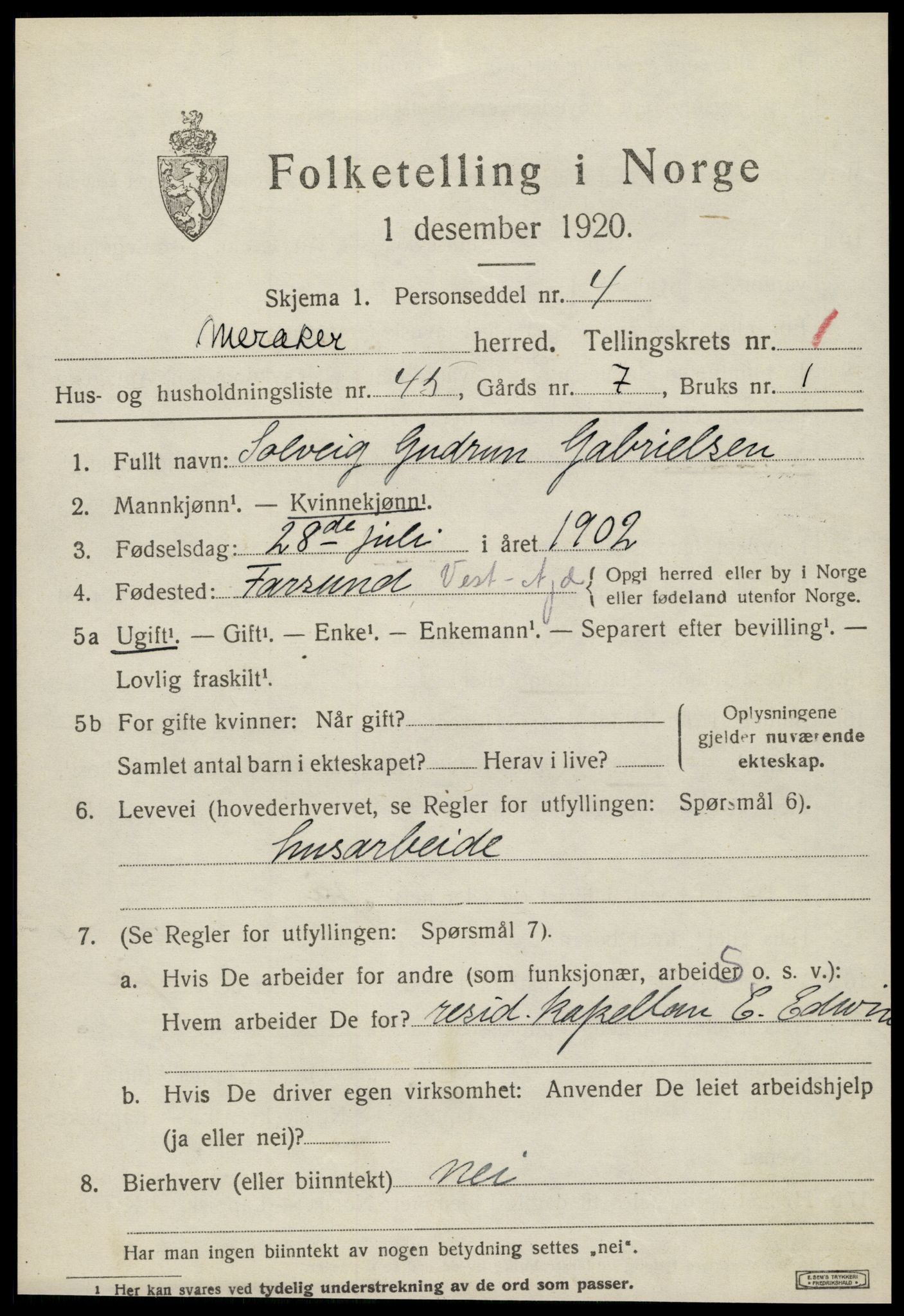 SAT, Folketelling 1920 for 1711 Meråker herred, 1920, s. 1340