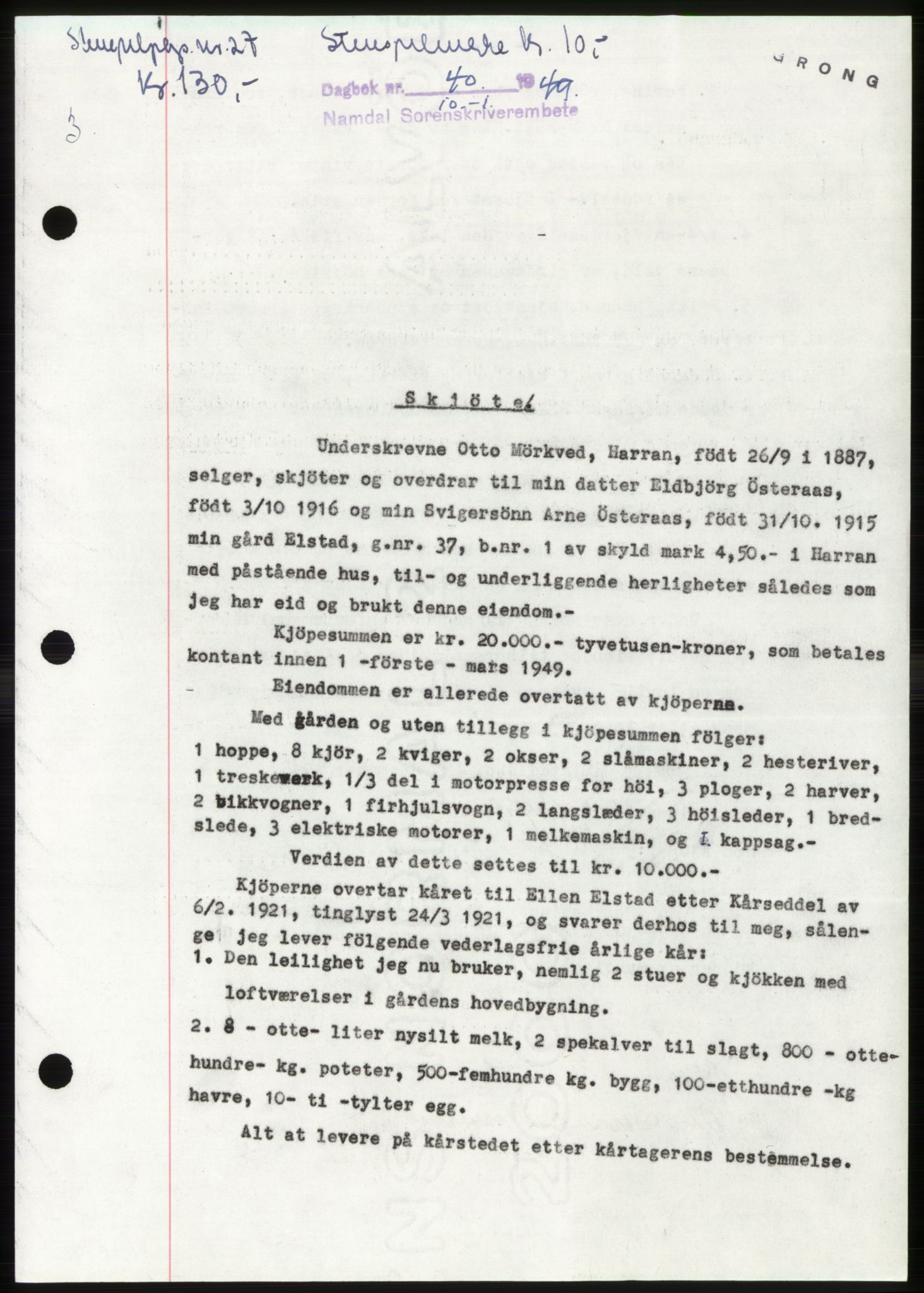 Namdal sorenskriveri, SAT/A-4133/1/2/2C: Pantebok nr. -, 1949-1949, Dagboknr: 40/1949