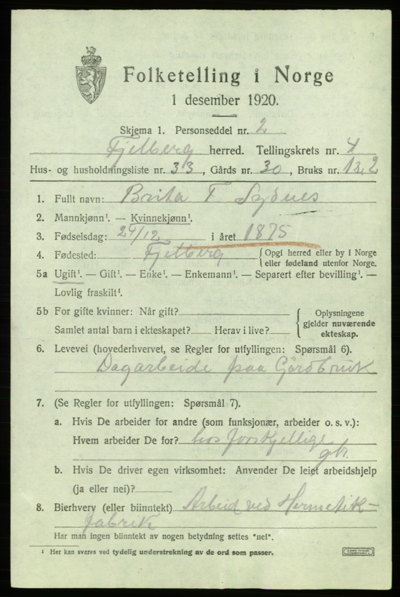 SAB, Folketelling 1920 for 1213 Fjelberg herred, 1920, s. 1555