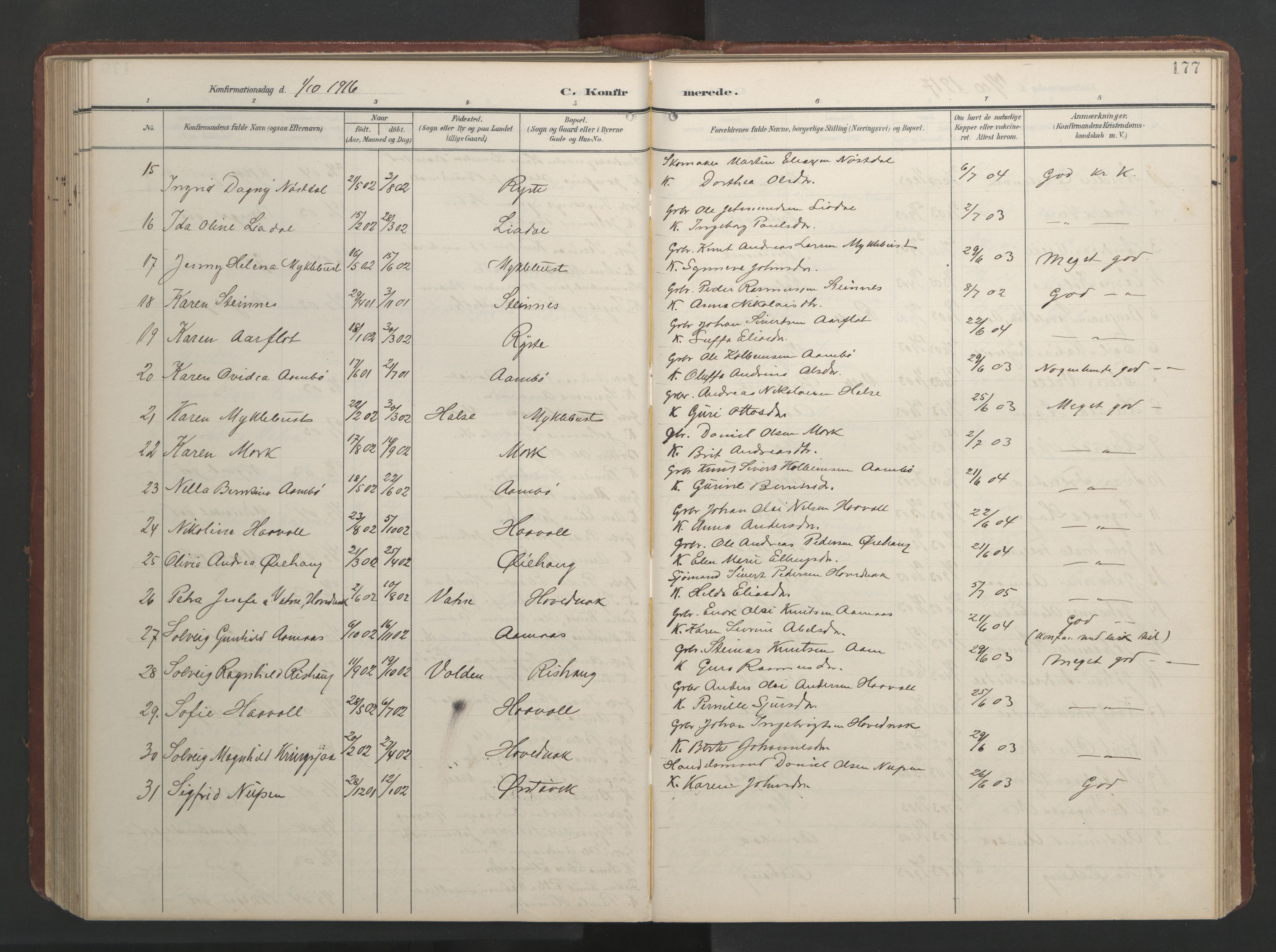 Ministerialprotokoller, klokkerbøker og fødselsregistre - Møre og Romsdal, AV/SAT-A-1454/513/L0190: Klokkerbok nr. 513C04, 1904-1926, s. 177