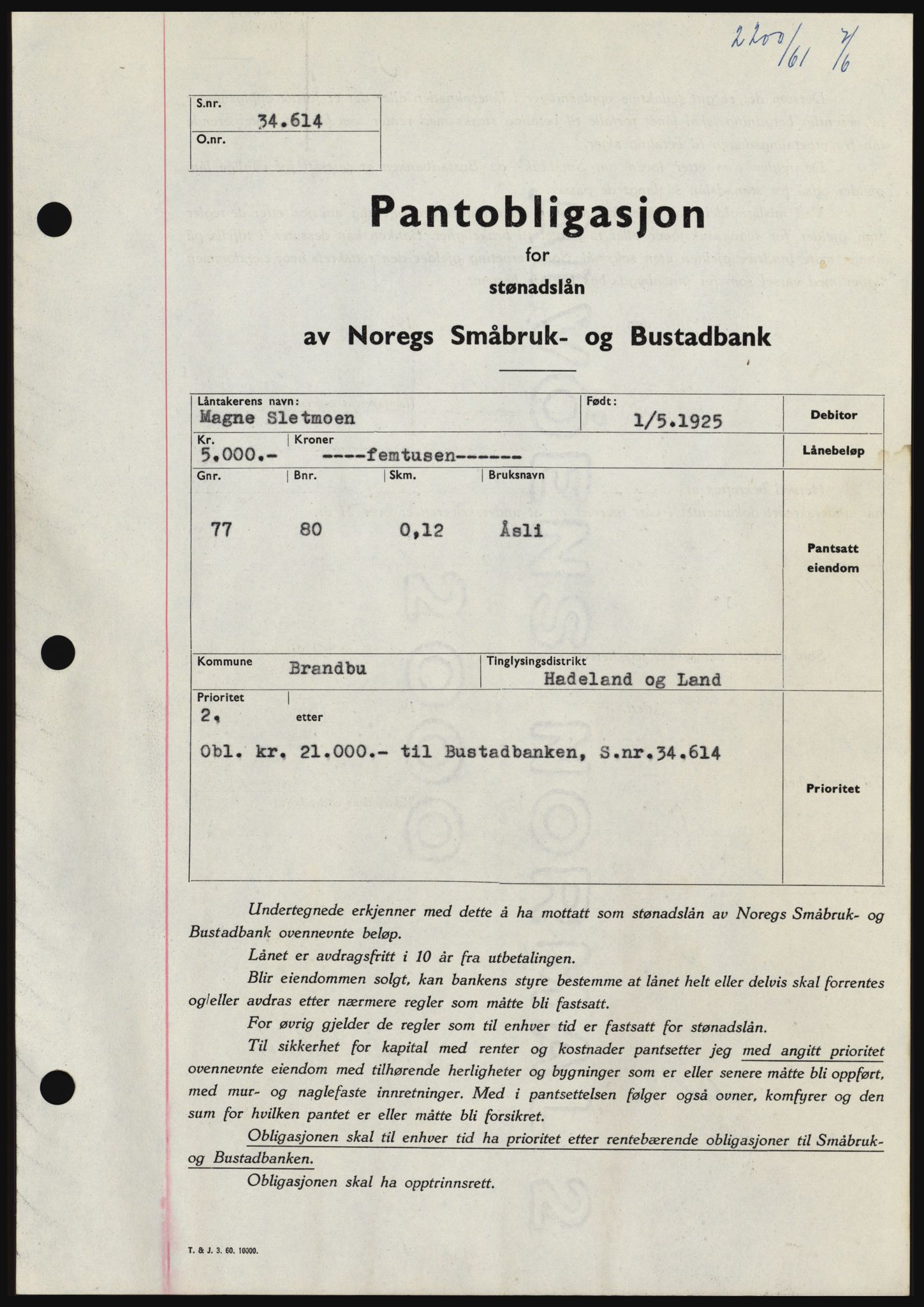 Hadeland og Land tingrett, SAH/TING-010/H/Hb/Hbc/L0046: Pantebok nr. B46, 1961-1961, Dagboknr: 2200/1961