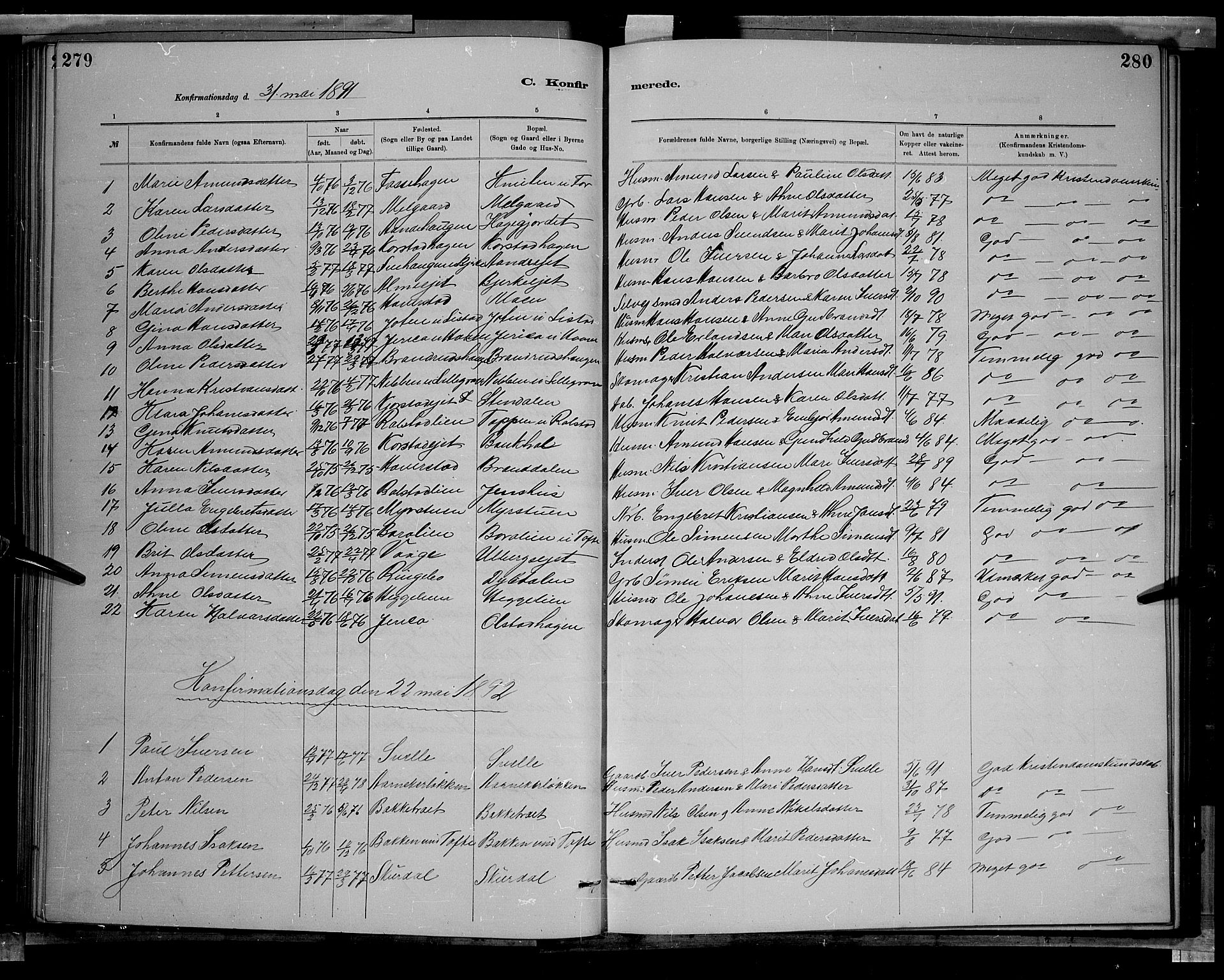 Sør-Fron prestekontor, AV/SAH-PREST-010/H/Ha/Hab/L0003: Klokkerbok nr. 3, 1884-1896, s. 279-280