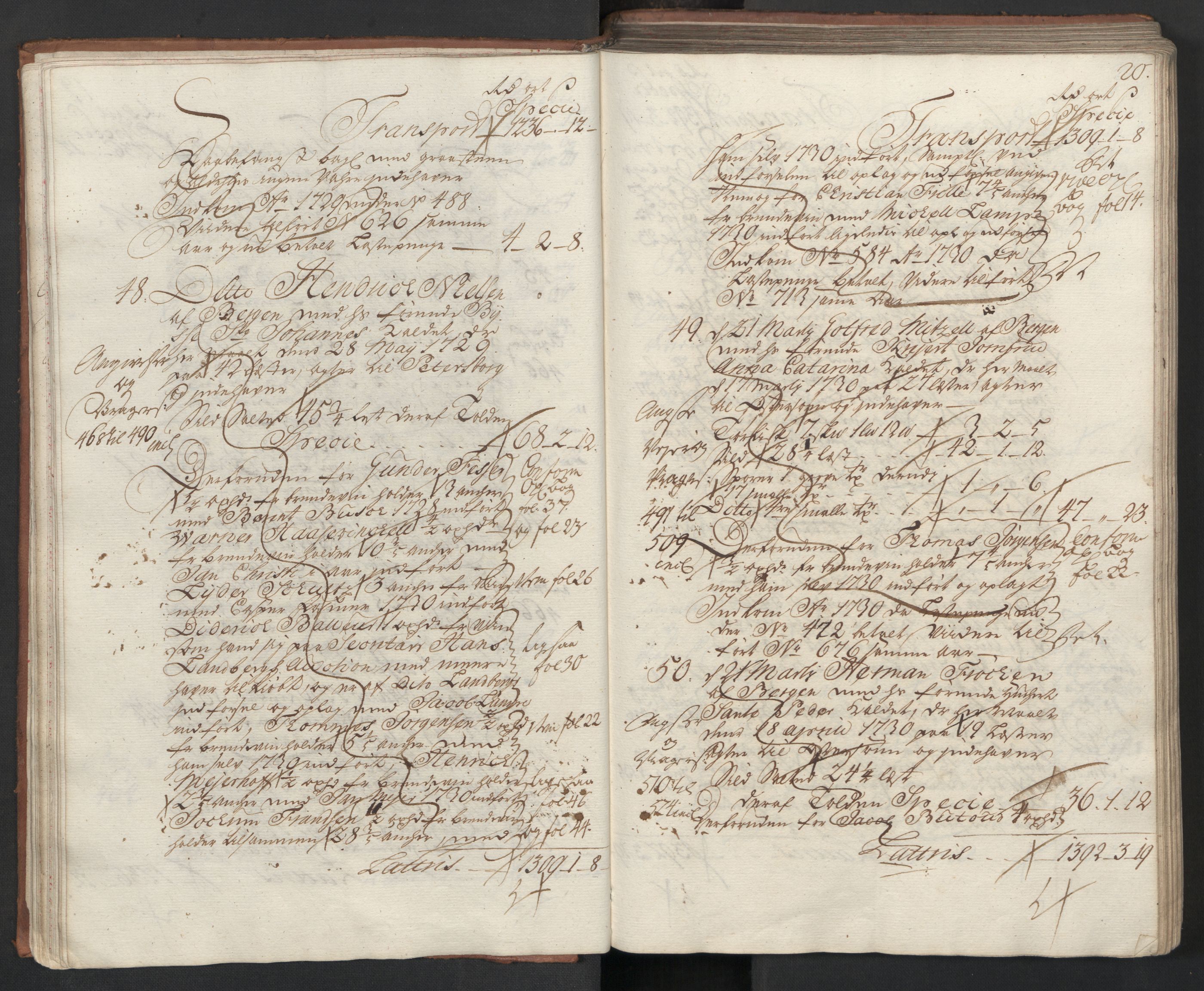 Generaltollkammeret, tollregnskaper, AV/RA-EA-5490/R26/L0017/0001: Tollregnskaper Bergen A / Utgående hovedtollbok, 1731, s. 19b-20a