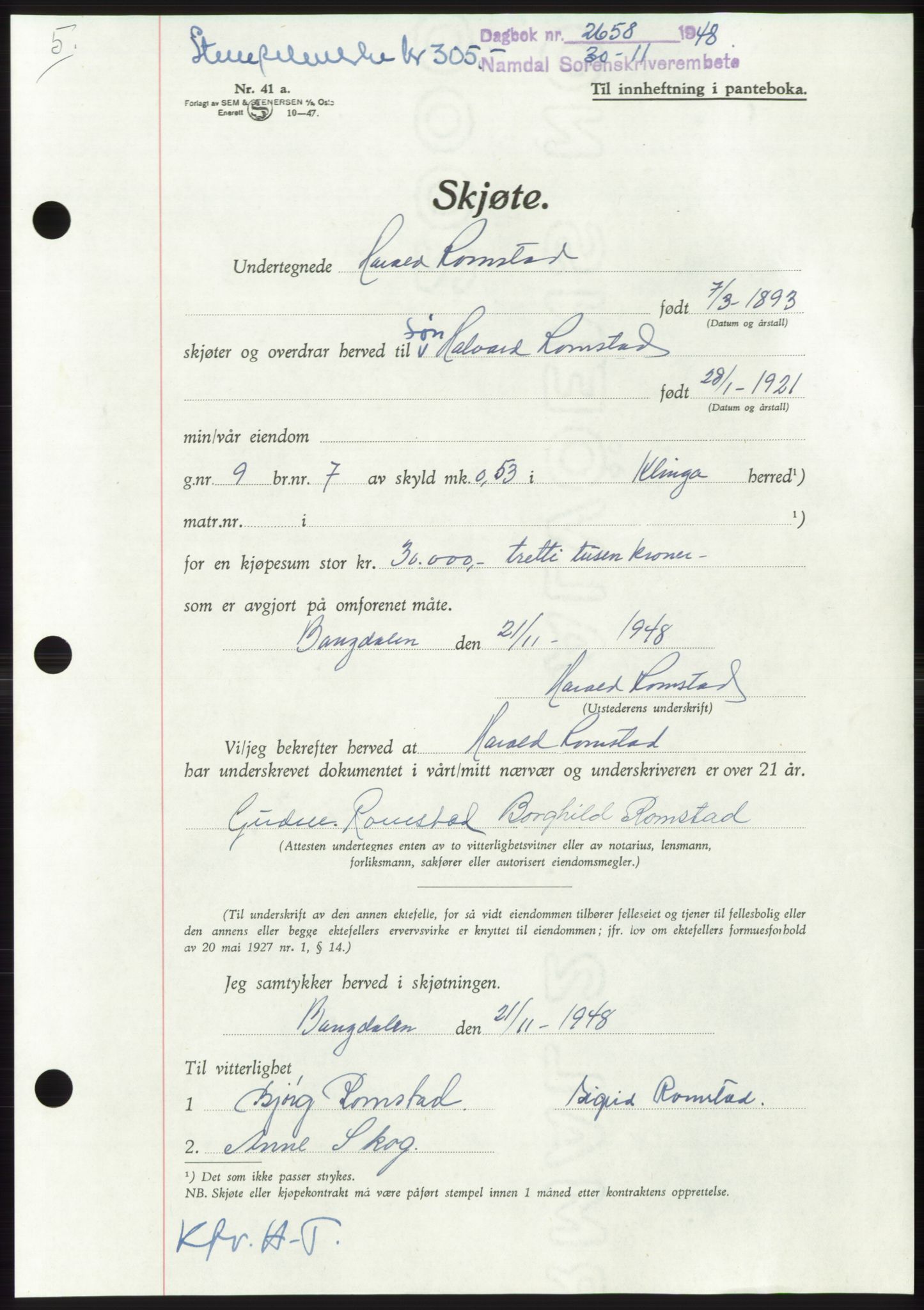 Namdal sorenskriveri, SAT/A-4133/1/2/2C: Pantebok nr. -, 1948-1948, Dagboknr: 2658/1948