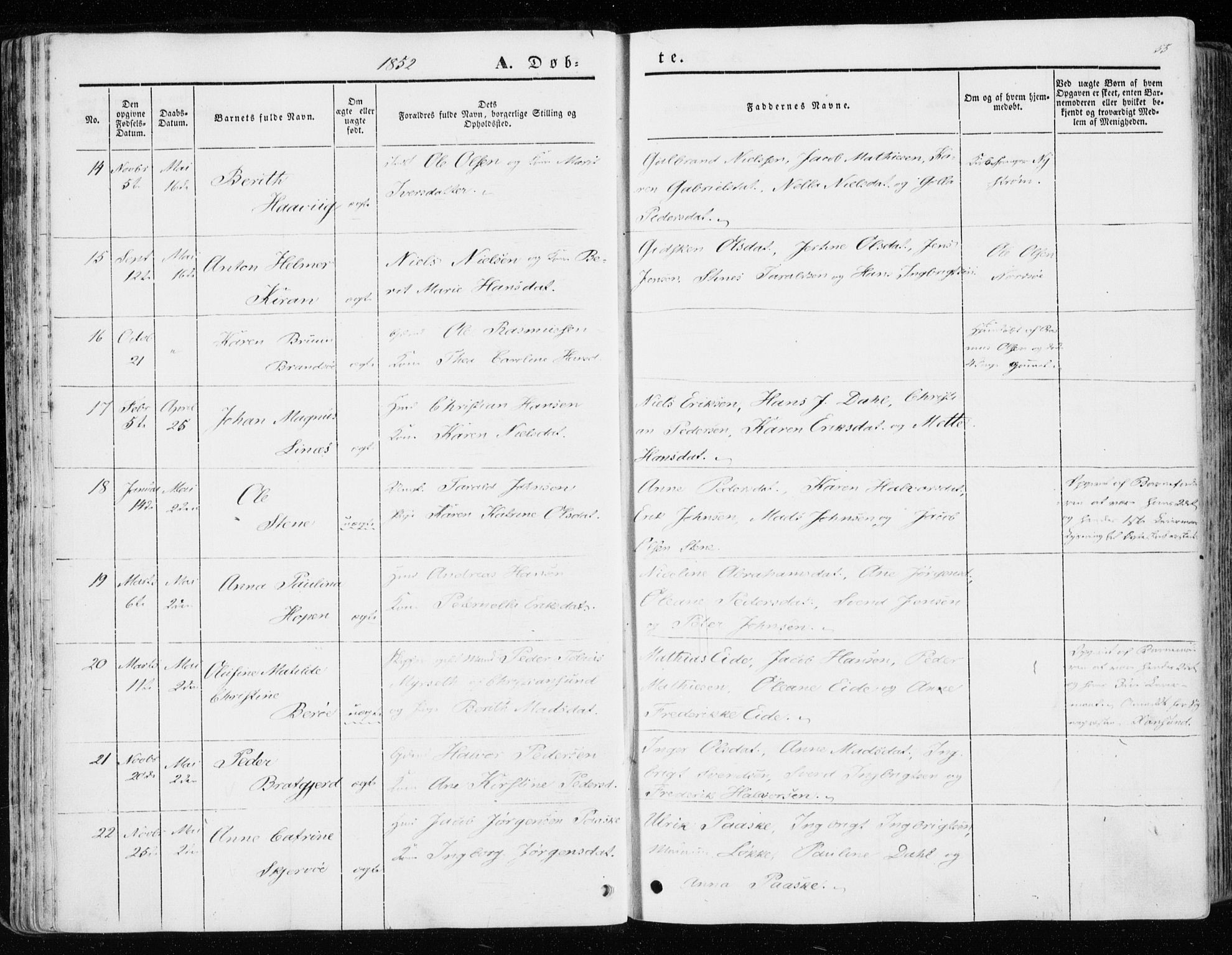 Ministerialprotokoller, klokkerbøker og fødselsregistre - Sør-Trøndelag, SAT/A-1456/657/L0704: Ministerialbok nr. 657A05, 1846-1857, s. 55