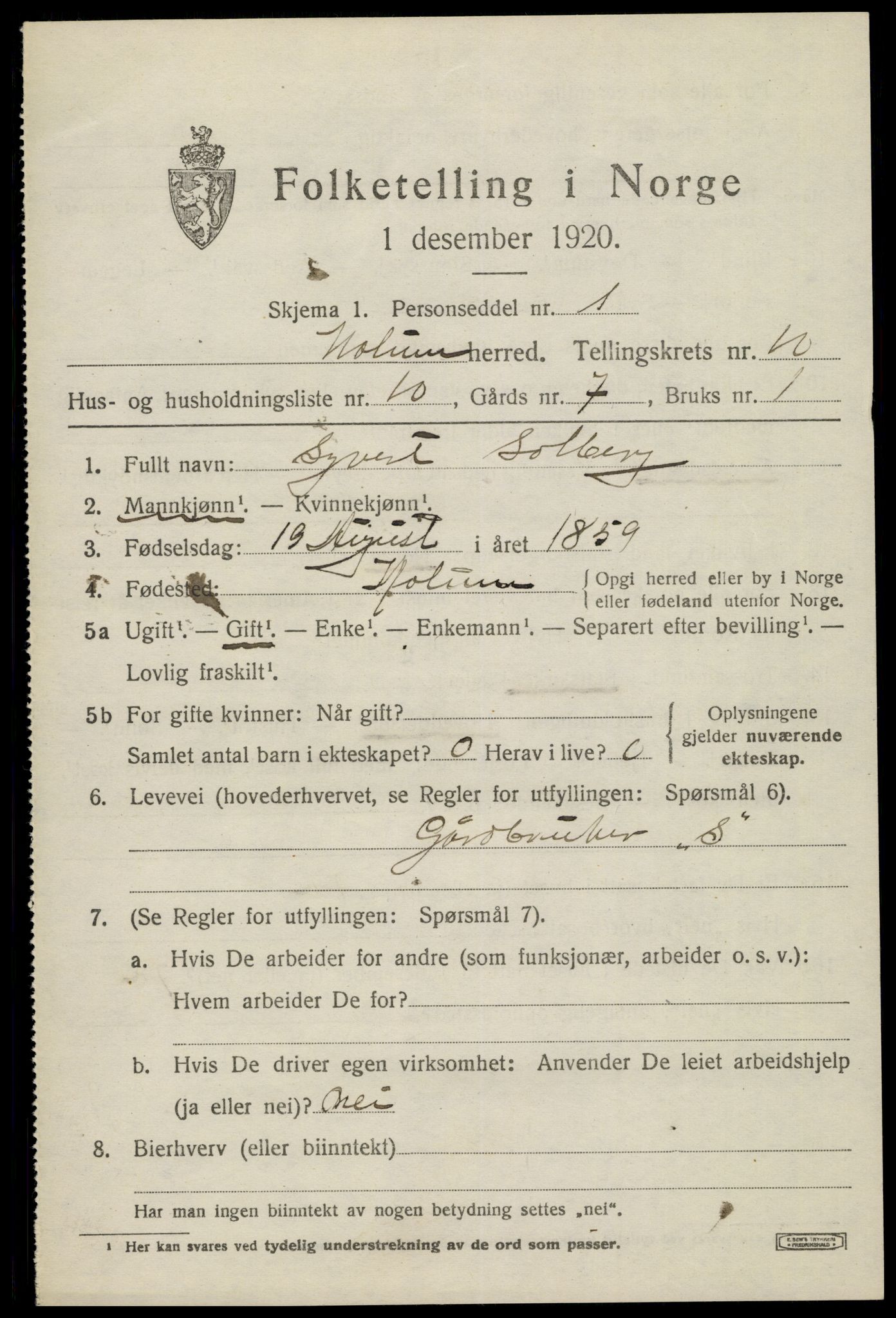 SAK, Folketelling 1920 for 1020 Holum herred, 1920, s. 2813