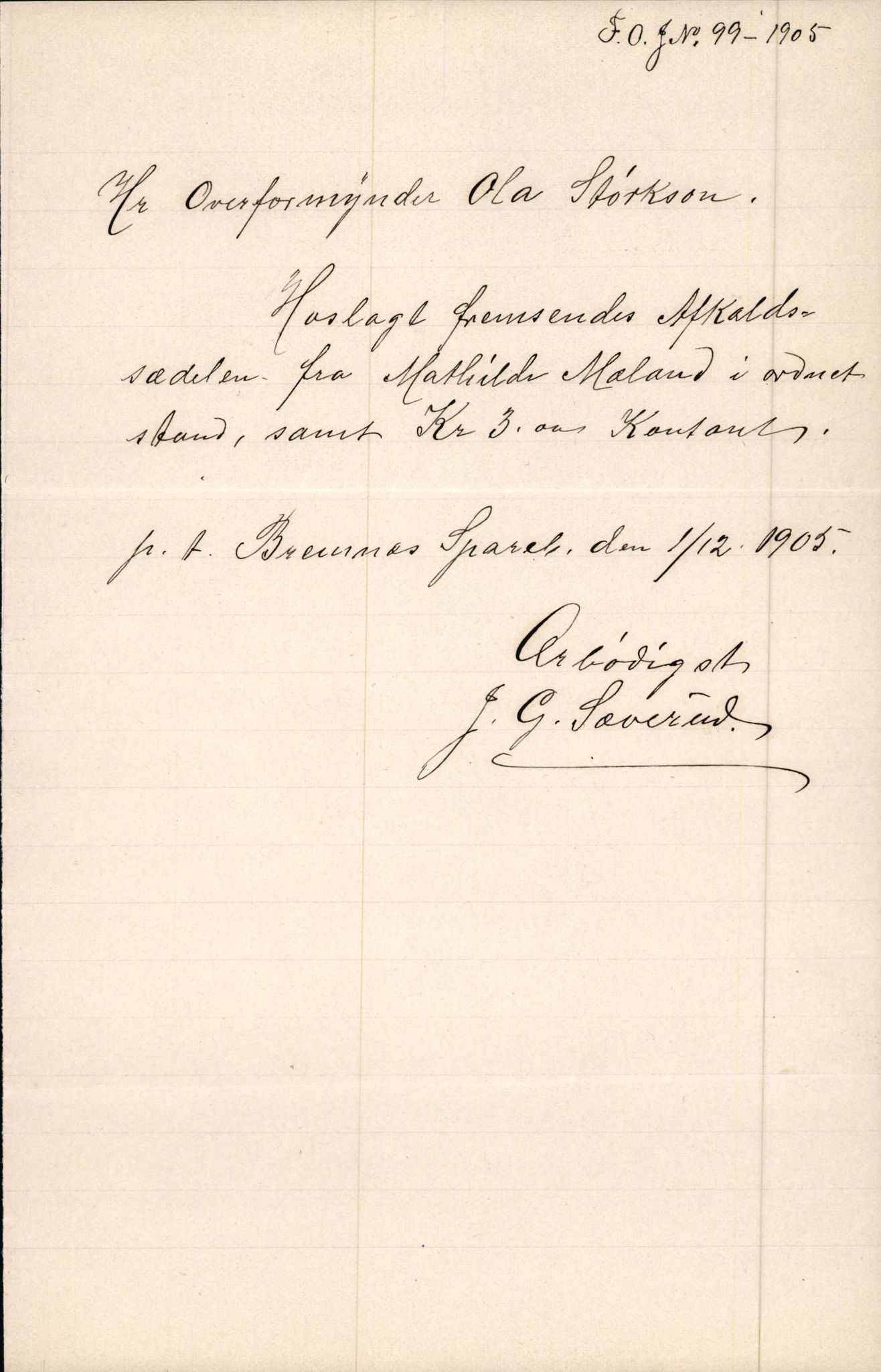 Finnaas kommune. Overformynderiet, IKAH/1218a-812/D/Da/Daa/L0002/0003: Kronologisk ordna korrespondanse / Kronologisk ordna korrespondanse, 1905-1909, s. 42