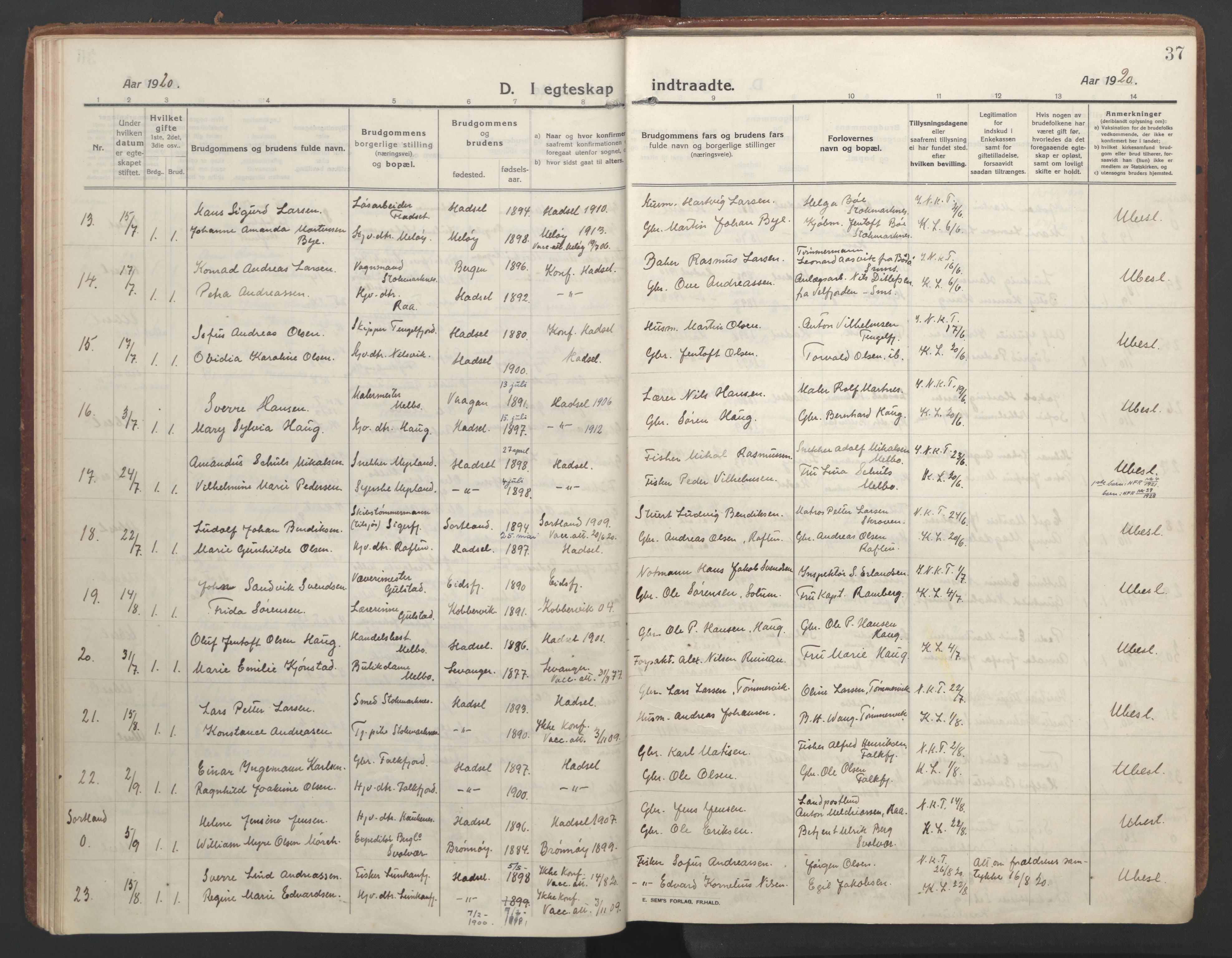 Ministerialprotokoller, klokkerbøker og fødselsregistre - Nordland, SAT/A-1459/888/L1251: Ministerialbok nr. 888A17, 1913-1925, s. 37