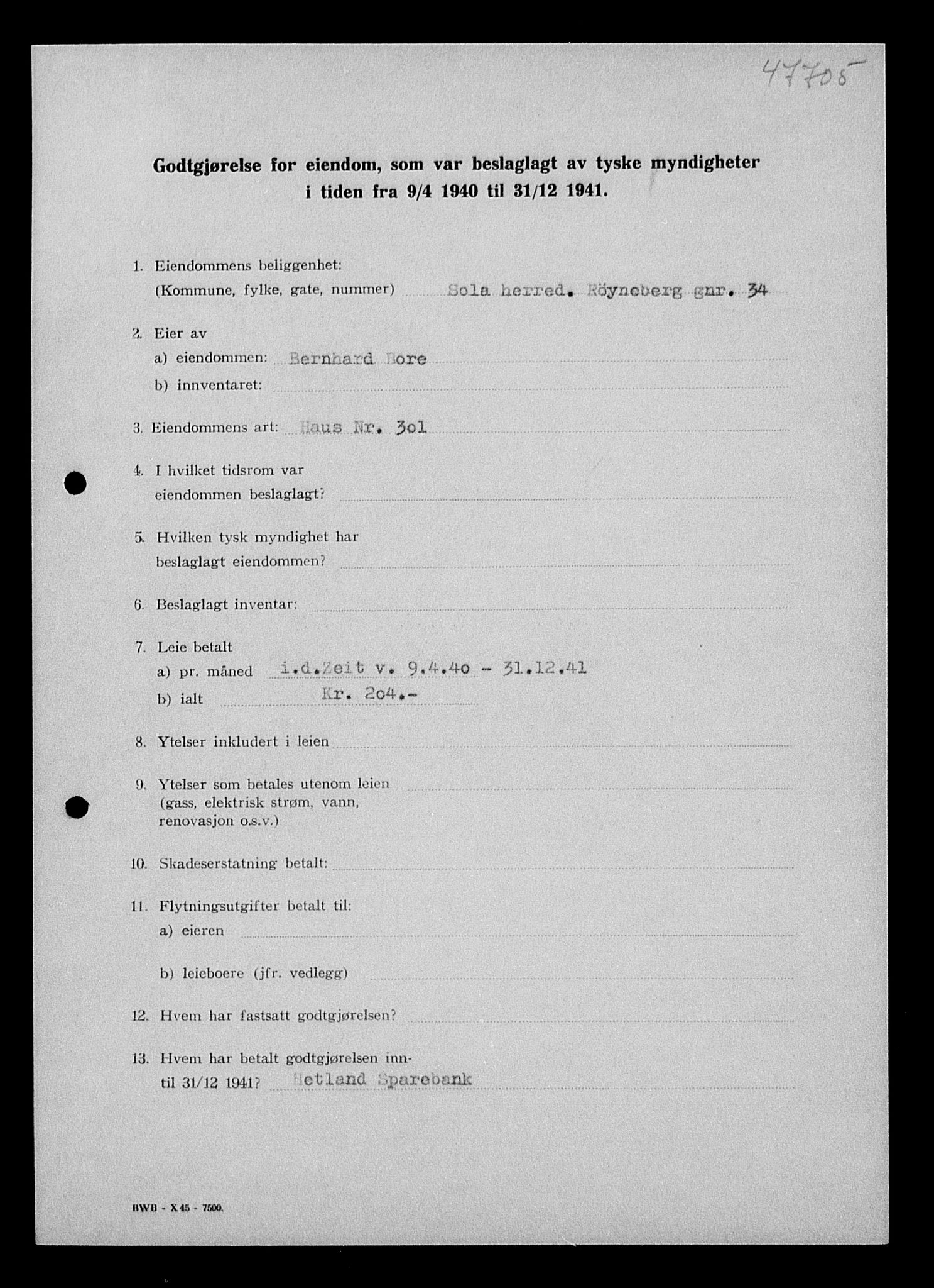 Justisdepartementet, Tilbakeføringskontoret for inndratte formuer, AV/RA-S-1564/I/L1014: Godtgjørelse for beslaglagt eiendom, 1940-1941, s. 186