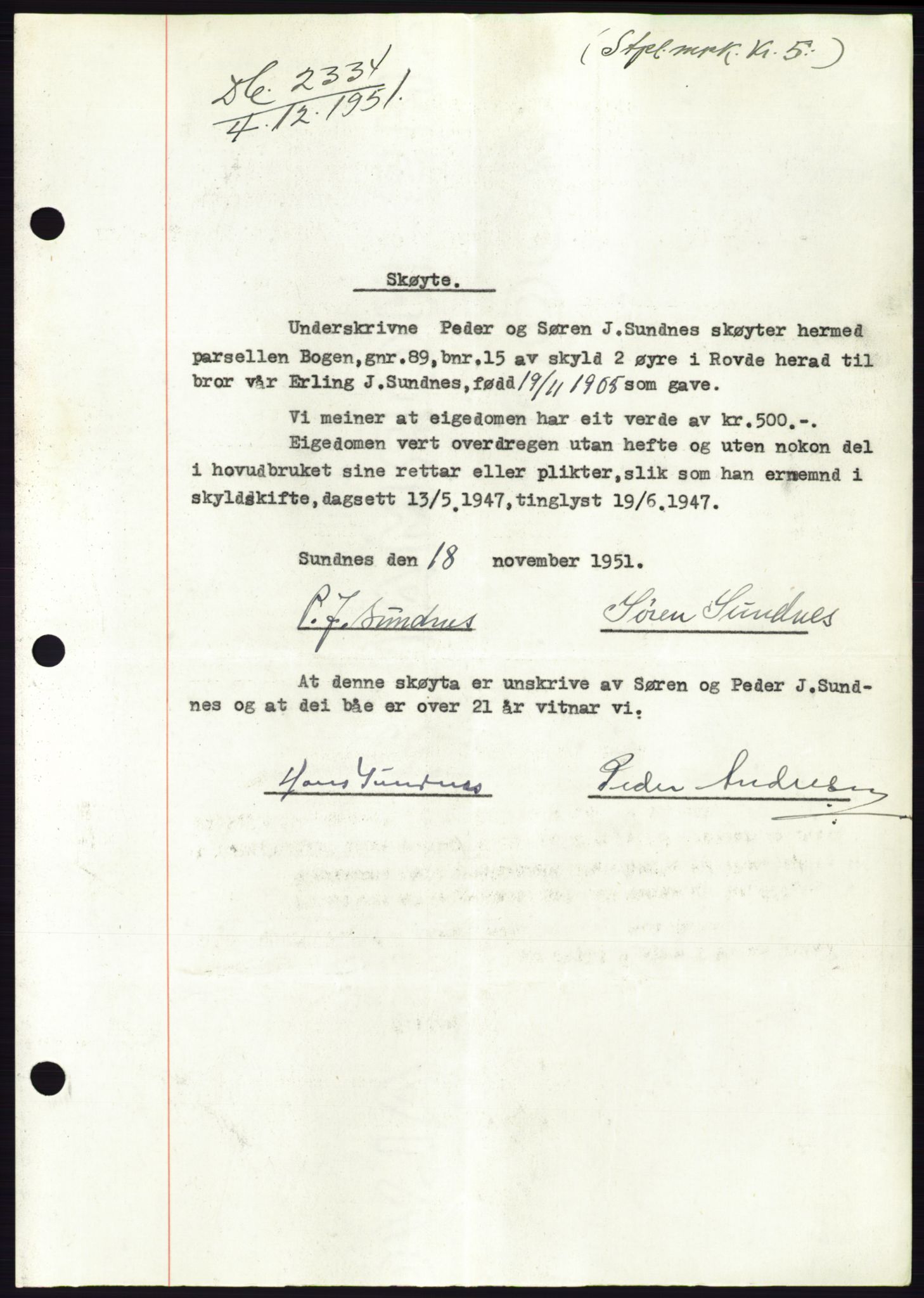 Søre Sunnmøre sorenskriveri, AV/SAT-A-4122/1/2/2C/L0090: Pantebok nr. 16A, 1951-1951, Dagboknr: 2334/1951