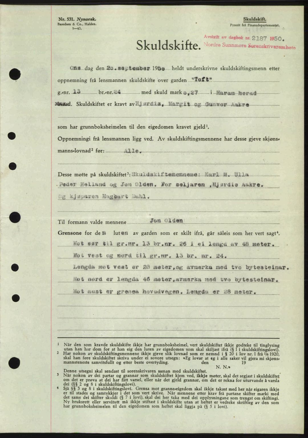 Nordre Sunnmøre sorenskriveri, SAT/A-0006/1/2/2C/2Ca: Pantebok nr. A36, 1950-1950, Dagboknr: 2187/1950