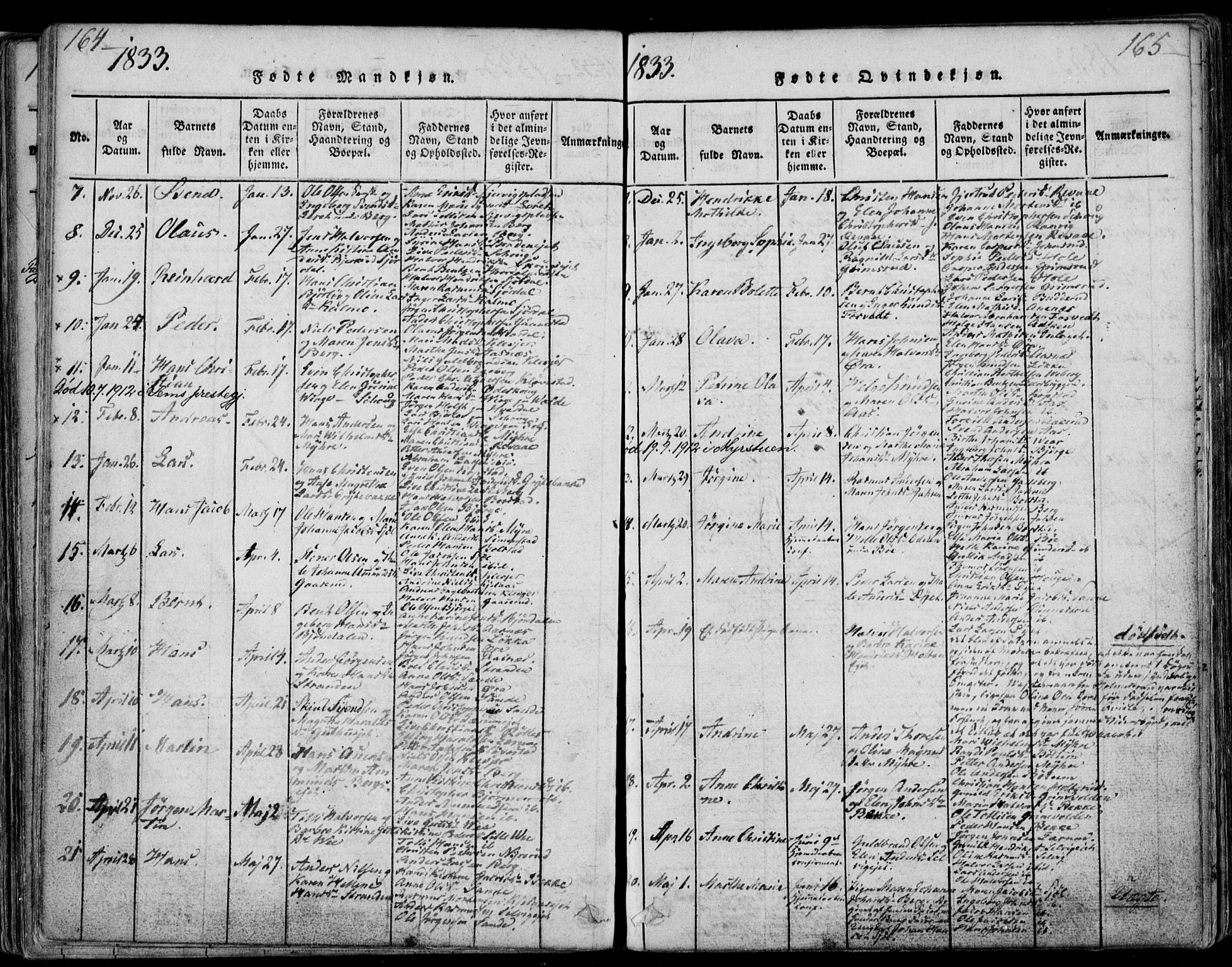 Sande Kirkebøker, AV/SAKO-A-53/F/Fa/L0003: Ministerialbok nr. 3, 1814-1847, s. 164-165