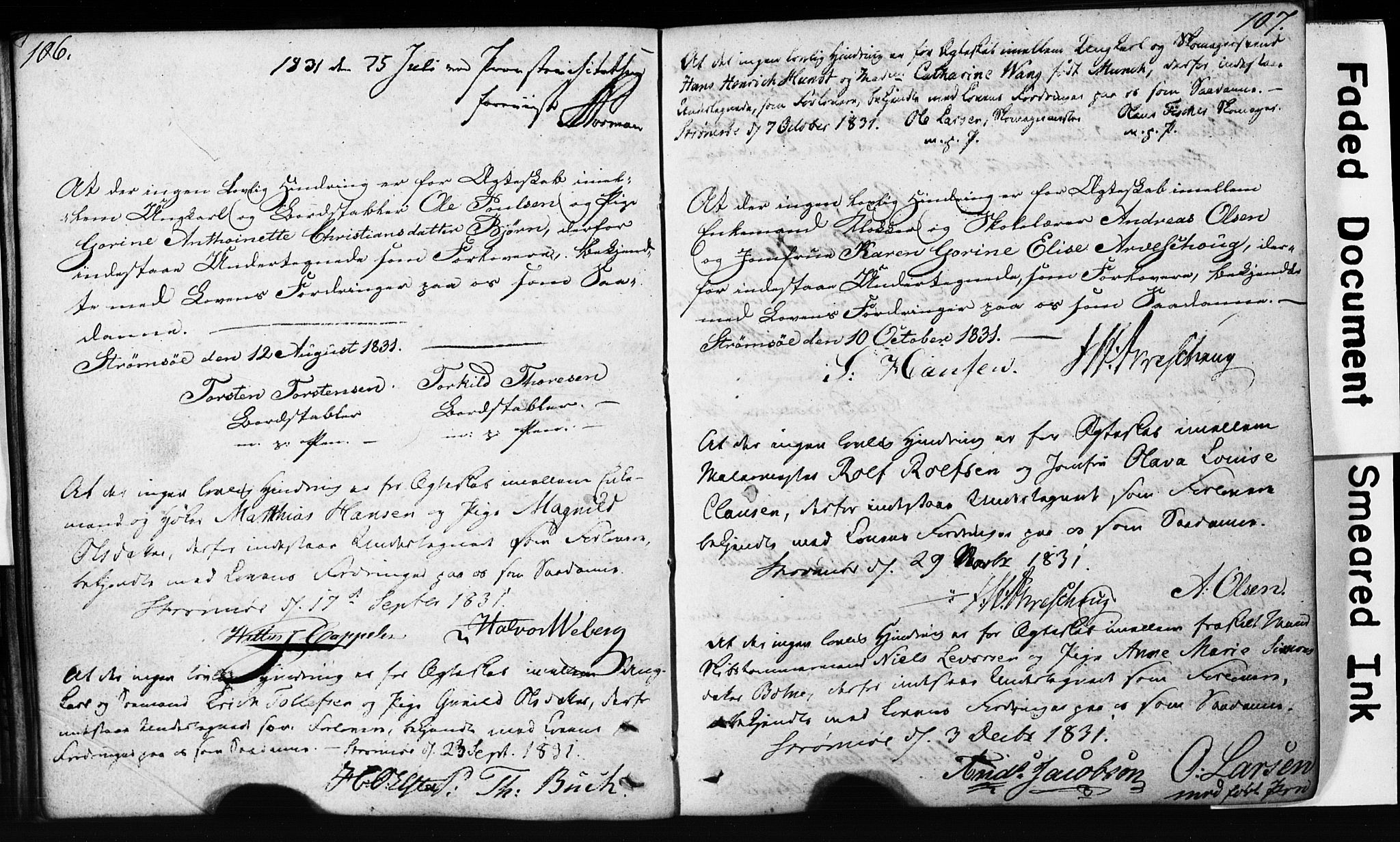 Strømsø kirkebøker, SAKO/A-246/H/Hb/L0002: Forlovererklæringer nr. 2, 1815-1857, s. 106-107