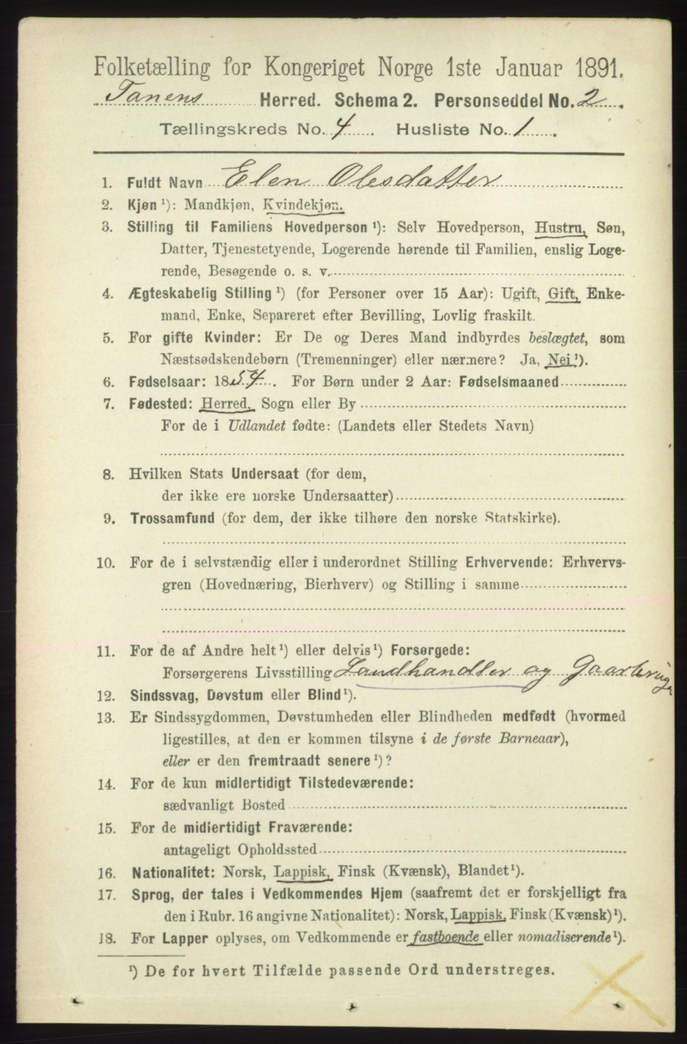 RA, Folketelling 1891 for 2025 Tana herred, 1891, s. 1742