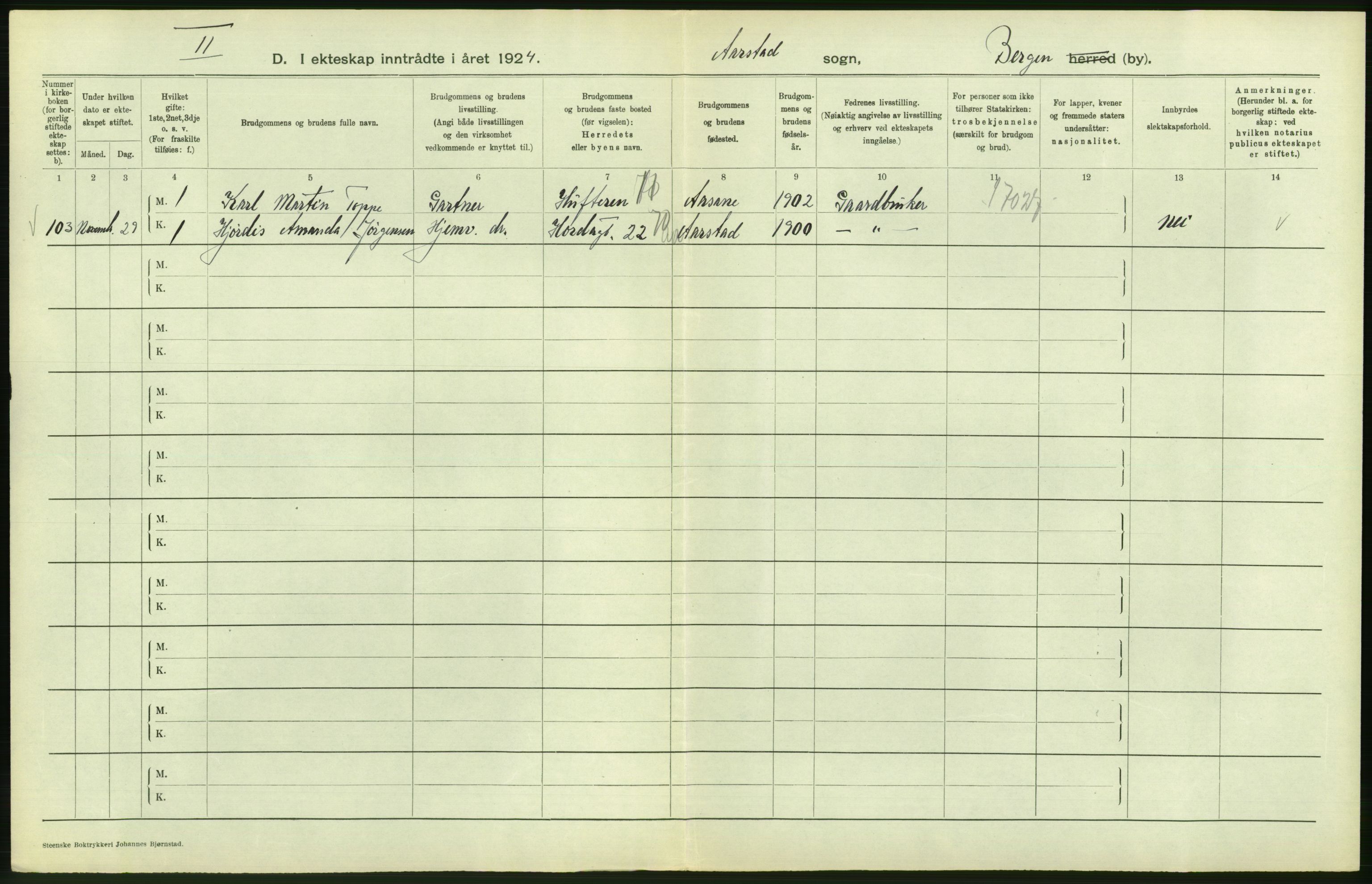 Statistisk sentralbyrå, Sosiodemografiske emner, Befolkning, RA/S-2228/D/Df/Dfc/Dfcd/L0028: Bergen: Gifte, døde., 1924, s. 258