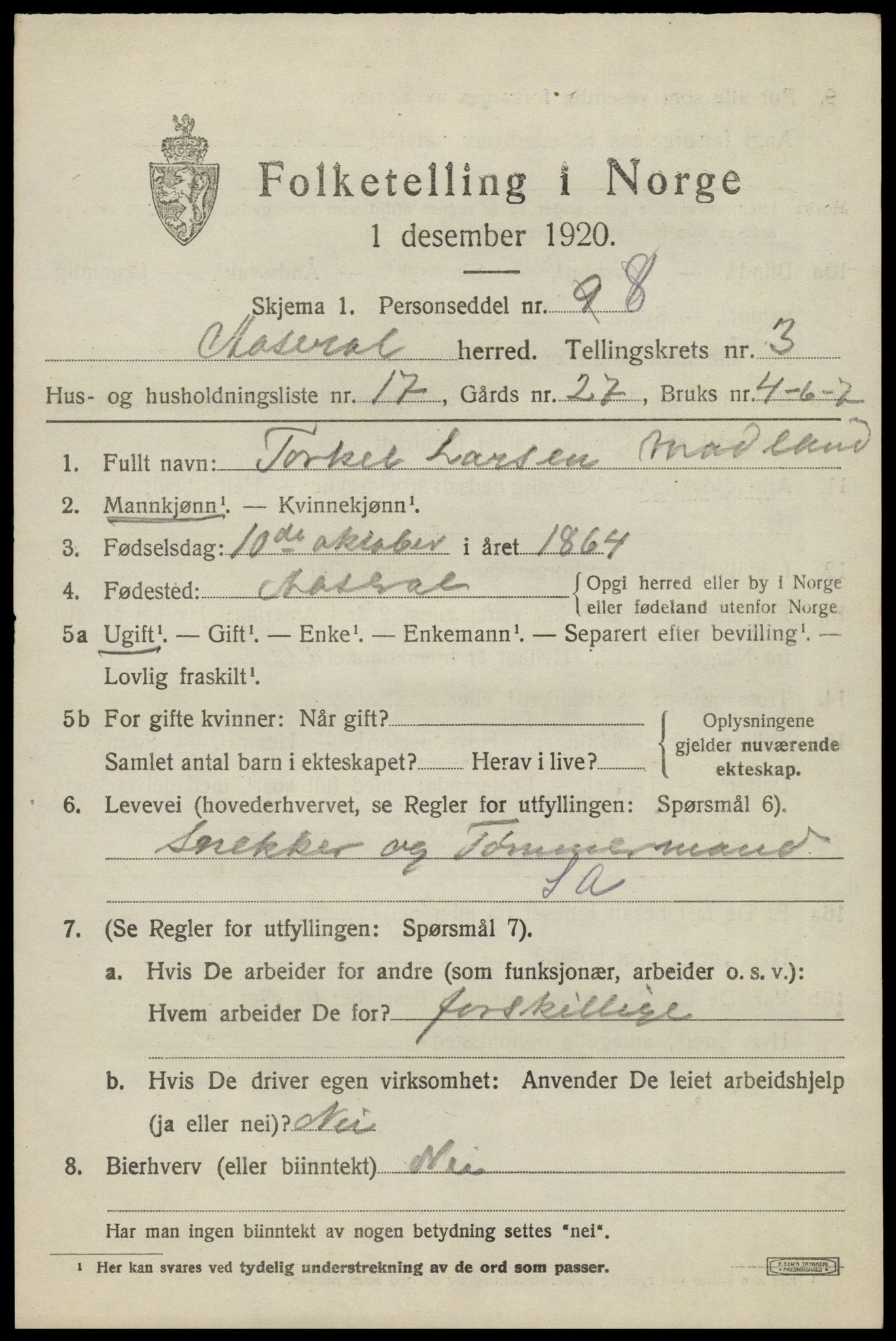 SAK, Folketelling 1920 for 1026 Åseral herred, 1920, s. 1160